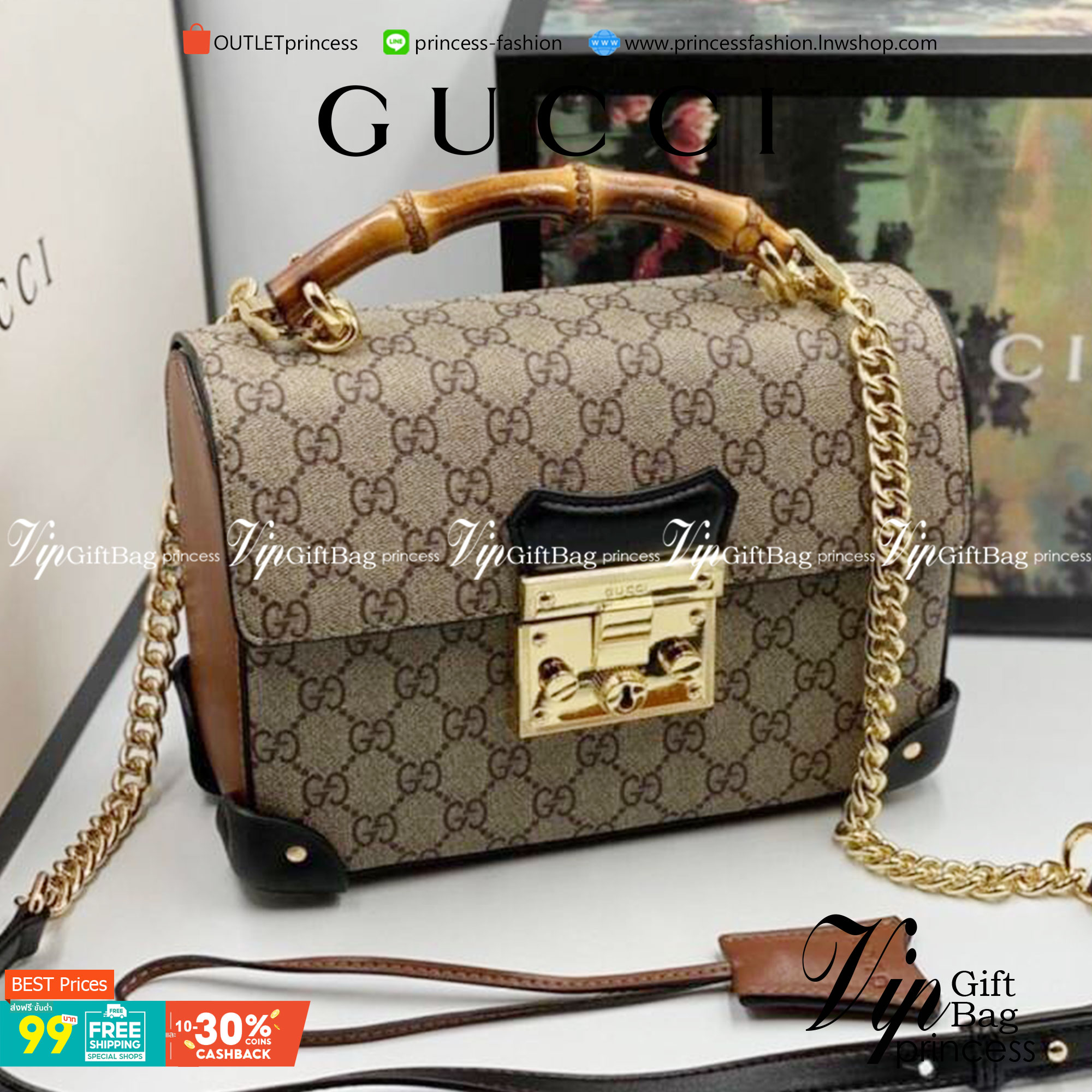 VIP 】หนังแท้ GUCCI Padlock GG small bamboo shoulder bag พร้อมส่งที่ไทย