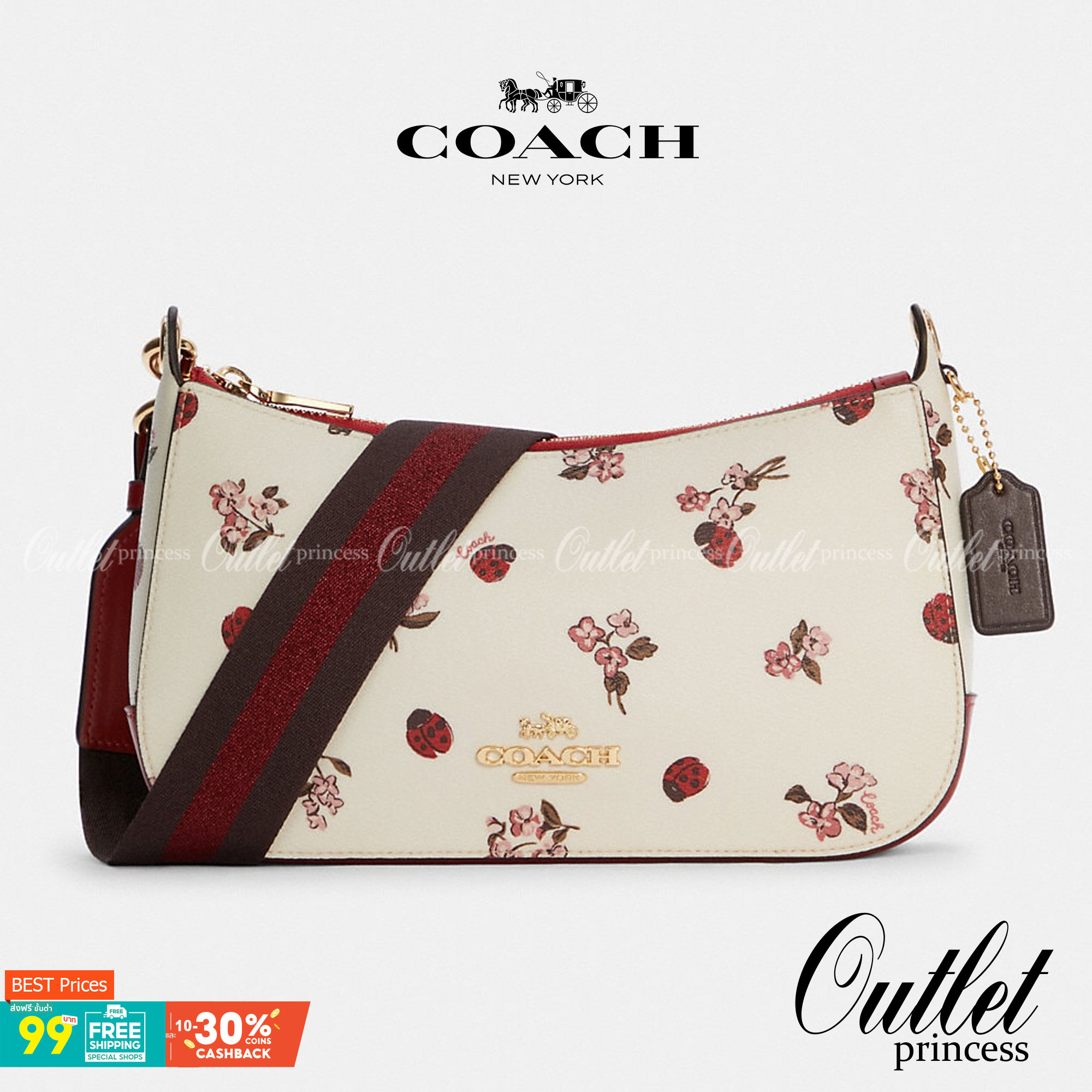 COACH C7973 JES BAGUETTE WITH LADYBUG FLORAL PRINT คอลเลคชั่นใหม่ล่าสุด พร้อมเสิร์ฟความสวยถึงบ้านเช่นเคย!! กระเป๋าสะพายทรงบาแกตต์ ดีไซน์ย้อนยุค ที่แอบแฝงความเรียบหรูดูแพงอยู่ในตัว โดดเด่นด้วยสายสะพายเส้นใหญ่ โทนสีคอนทราส ทำให้ไอเท็มนี้ดูมีลูกเล่นมากขึ้น ว