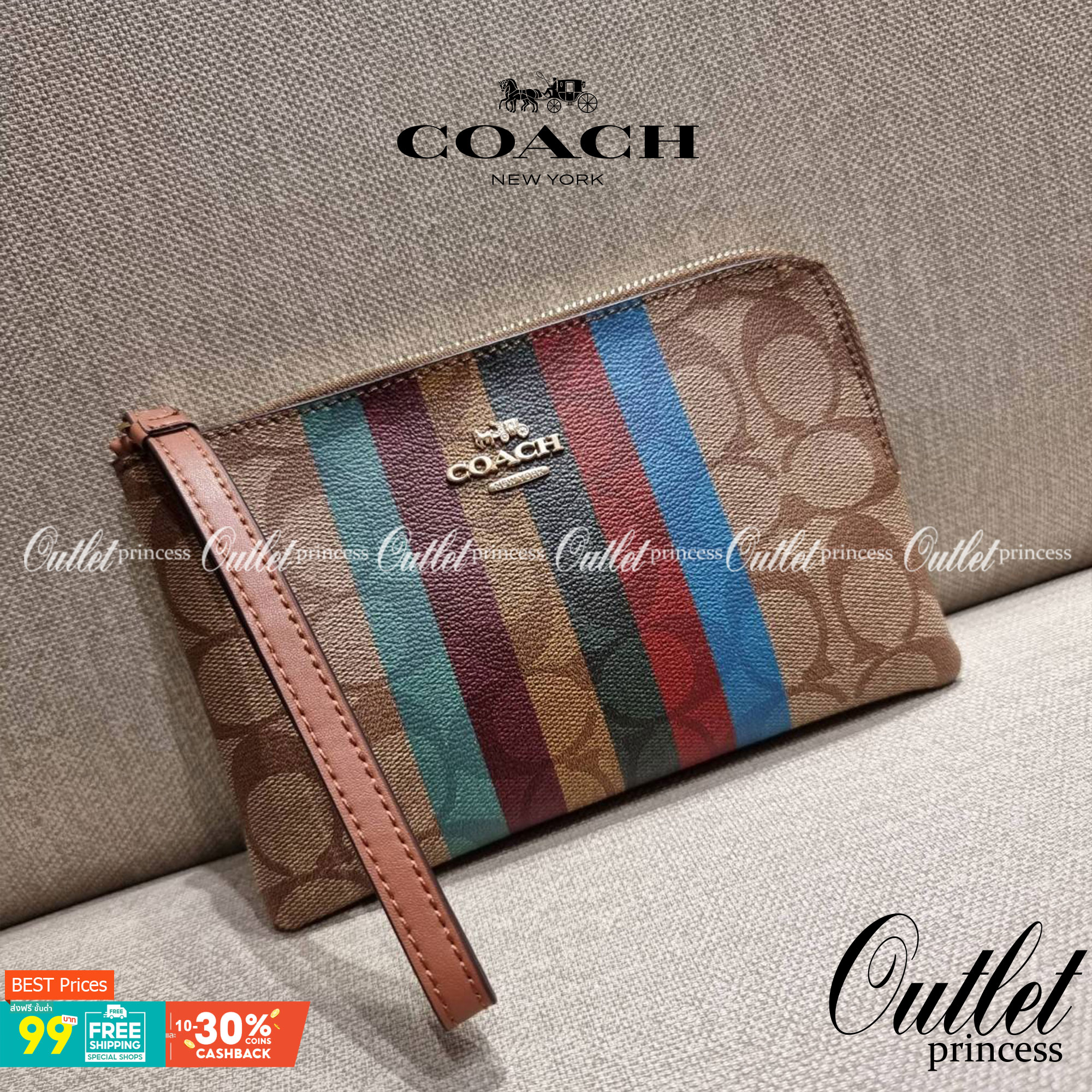 COACH C5624 LARGE CORNER ZIP WRISTLET IN SIGNATURE CANVAS WITH STRIPE สีใหม่กับคอลเลคชั่นที่ปังข้ามปี ฮิตไม่เลิก!! กระเป๋าคล้องมือ ดีไซน์ลายแถบสี สดใสน่าใช้มาก!! ขนาดเหมาะพกพา วัสดุหนังแคนวาส ภายในใส่ธนบัตร หรือใส่บัตร ใส่เหรียญ ได้หมด!! iphone13 pro ใส่ไ
