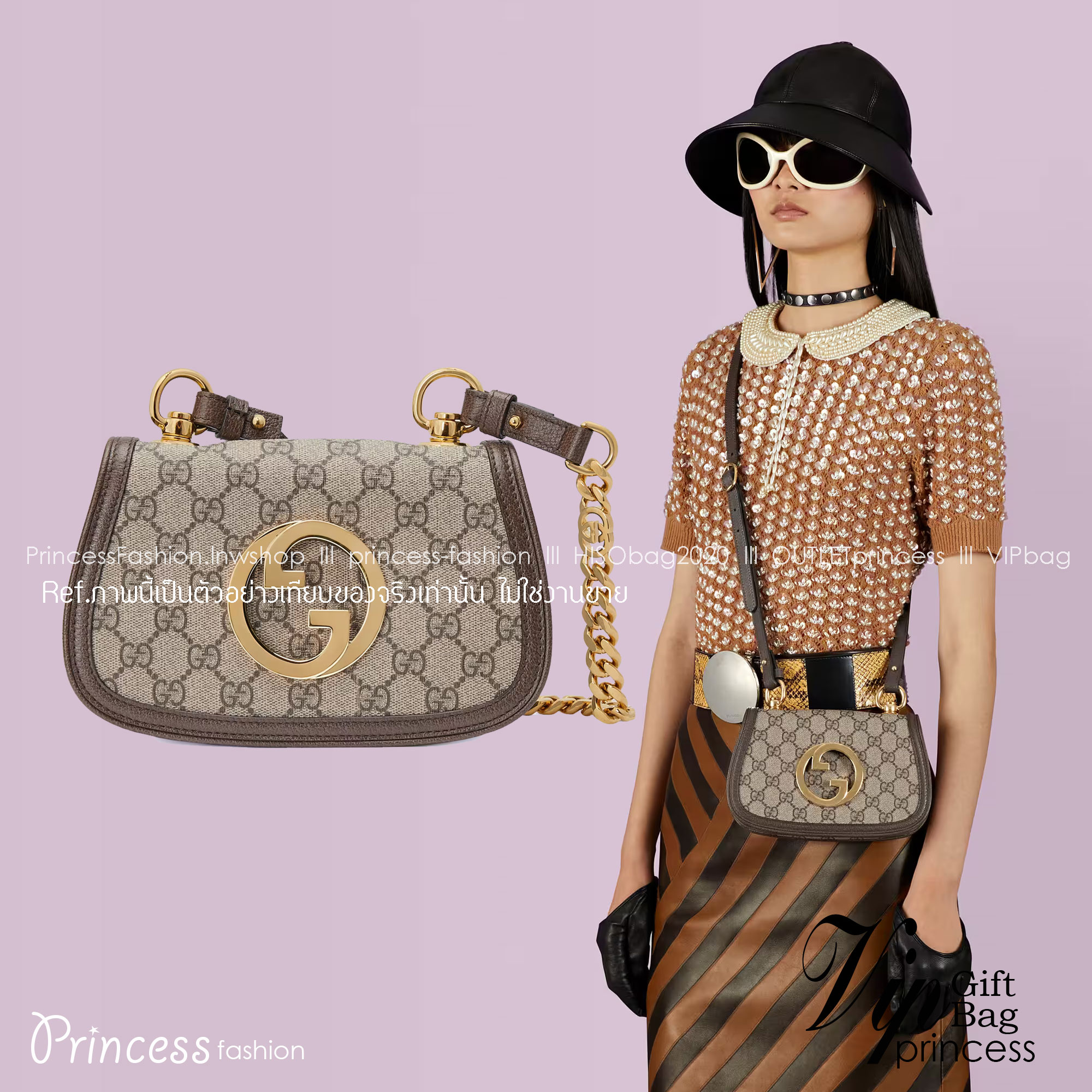 GUCCI Blondie mini shoulder bag / Gucci pouch เกรดออริจินอล ภาพสินค้าถ่ายจากงานขายจริง ใช้งานต่างประเทศได้ Interlocking G ในรูปแบบเรขาคณิต ฮาร์ดแวร์โทนสีทองช่วยเพิ่มความวินเทจให้กับสไตล์