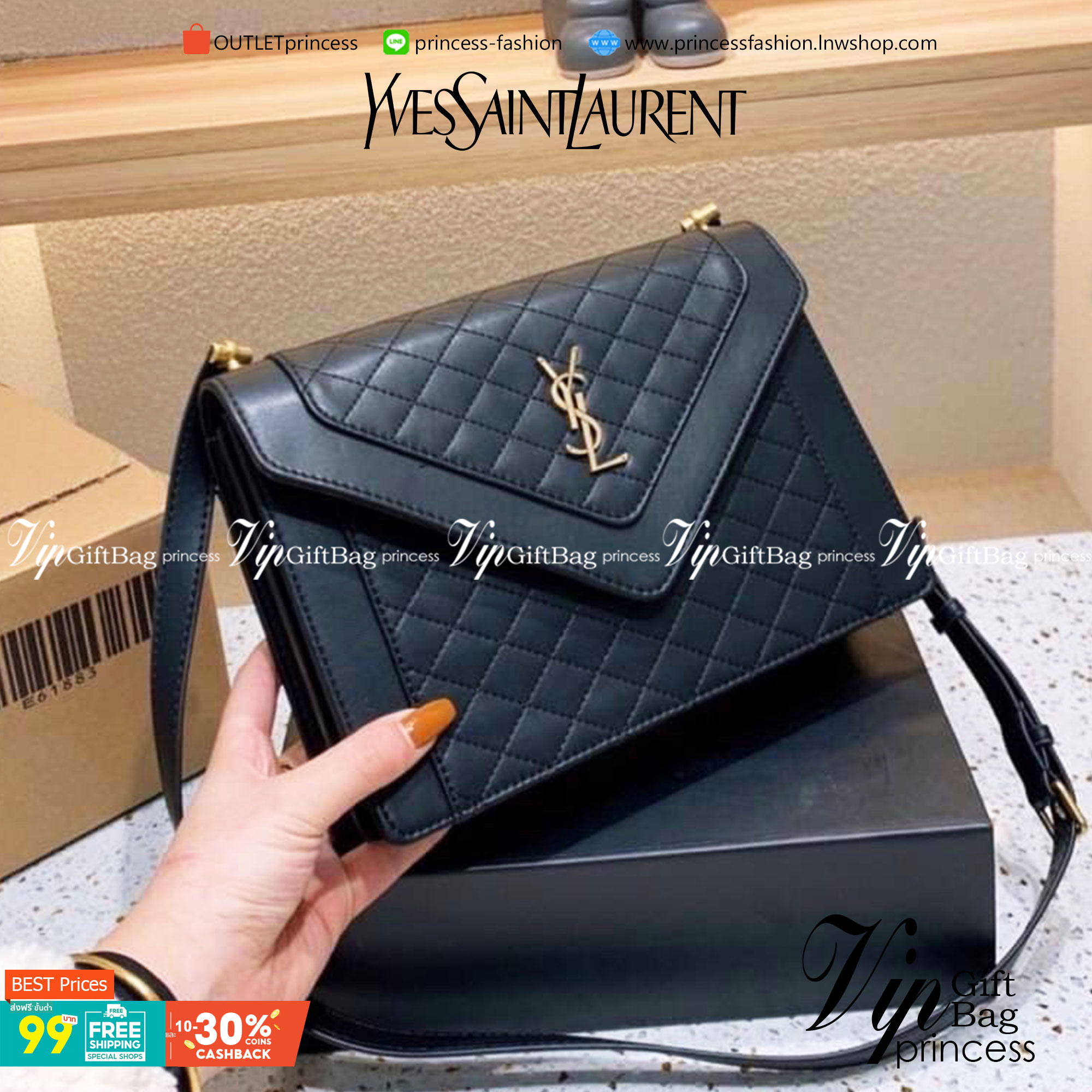 VIP 】YSL SAINT LAURENT Black Lambskin Quilted Gaby Satchel กระเป๋าสะพายทรงแมสเซนเจอร์ เปิดหน้าอะไหล่ทองหรูมากค่ะ วัสดุหนังแท้ Calfskin ทรงสี่เหลี่ยมหนังสวยหรูอยู่ทรงเปิดปิดด้วยฝาปิดโลโก้แบรนด์อะไหล่ทอง ภายในโล่งกว้าง สามารถใส่มือถือของใช้จุกจิกได้เยอะ สาย