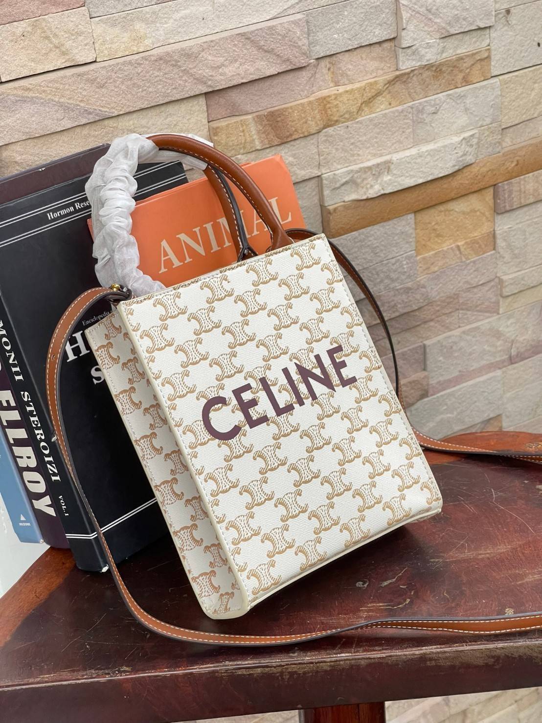 CELINE MINI VERTICAL CABAS IN TRIOMPHE CANVAS มีโลโก้ CELINE สกรีนอยู่ตรงกลาง ถือเป็นกระเป๋า Tote ที่ทำจากแคนวาสที่น่าสนใจมาก ๆ อีกรุ่นหนึ่ง และเป็นรุ่นที่ได้รับคำชื่นชมจากแฟชั่นกูรูทั้งหลายอีกด้วย หากใครที่อยากเป็นเจ้าของกระเป๋า Tote จาก CELINE สักใบ รุ่