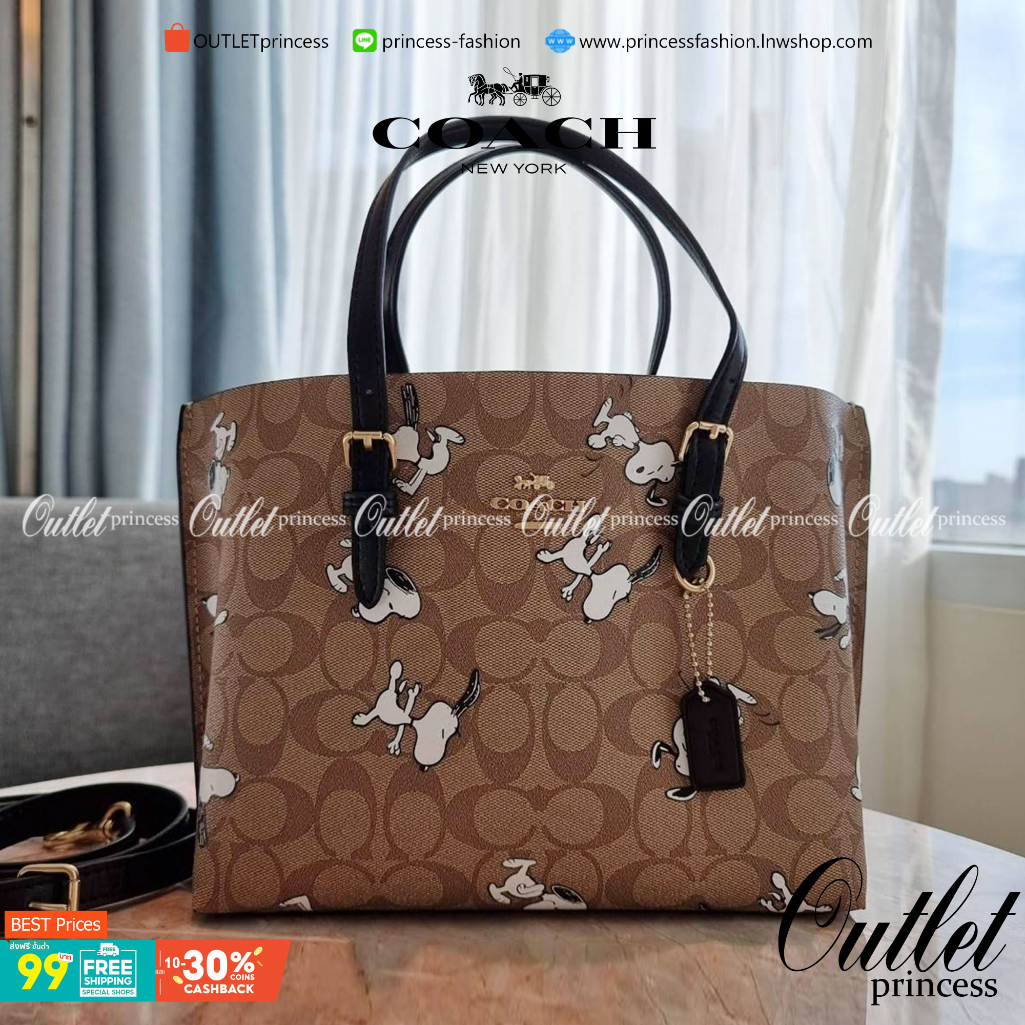 OUTLET 】COACH C4250 MOLLIE TOTE 25 IN SIGNATURE CANVAS WITH SNOOPY ใหม่ล่าสุด ยังไม่เข้าไทย!! กับรุ่นสุดฮอต ในดีไซน์คอลเลคชั่นใหม่ที่แรงไม่แพ้กัน!! กระเป๋าโท้ทไซส์เล็กตกแต่งลายสนูปพี ที่ใครๆก็หลงรักอย่างท่วมท้น น่ารักน่าใช้มากๆ วัสดุหนังแคนวาสเคลือบลาย ภา