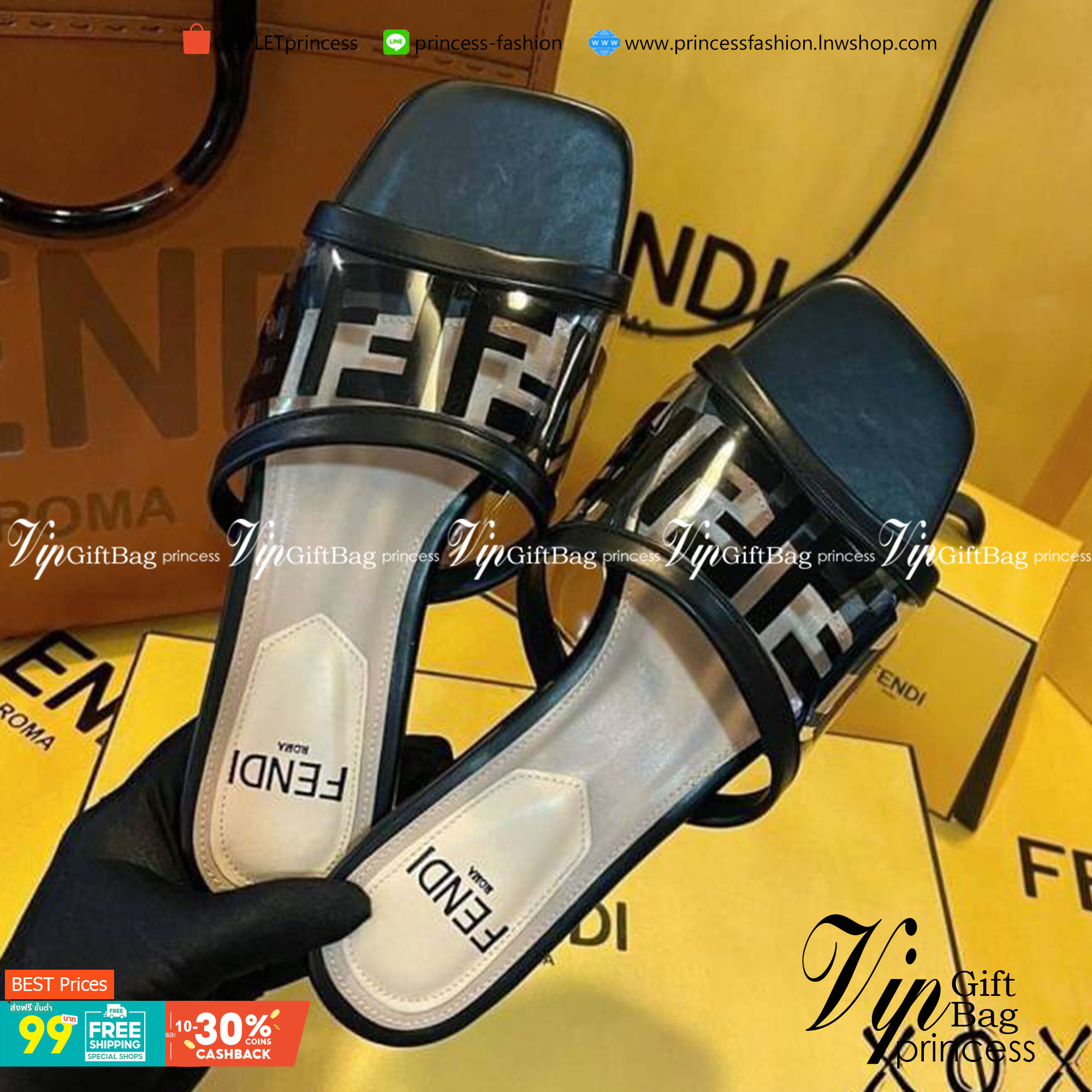 FENDI SANDALS แตะ ชนช้อป สวย แปะมาก แมทส์ชุดง่าย วัสดุด้านบนคาดพลาสติก สกีนแบรนด์