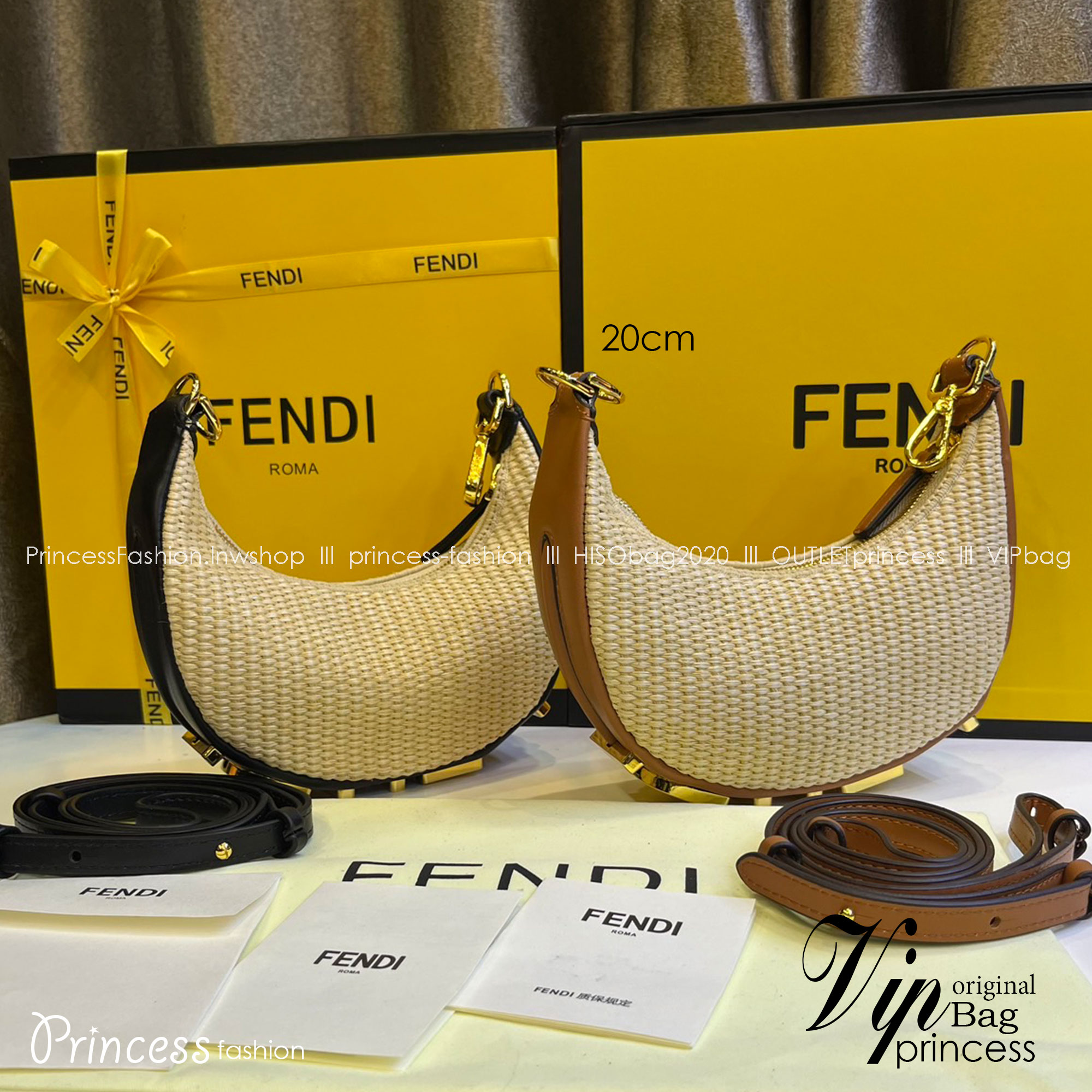 FENDI Nano Fendigraphy Natural raffia charm / Fendi hobo bag 20cm พร้อมส่ง กระเป๋าสะพายไหล่เฟนดิ Natural straw รุ่นใหม่ สวยหรู **สินค้าเกรดออริจินอล 1:1 สลับแท้