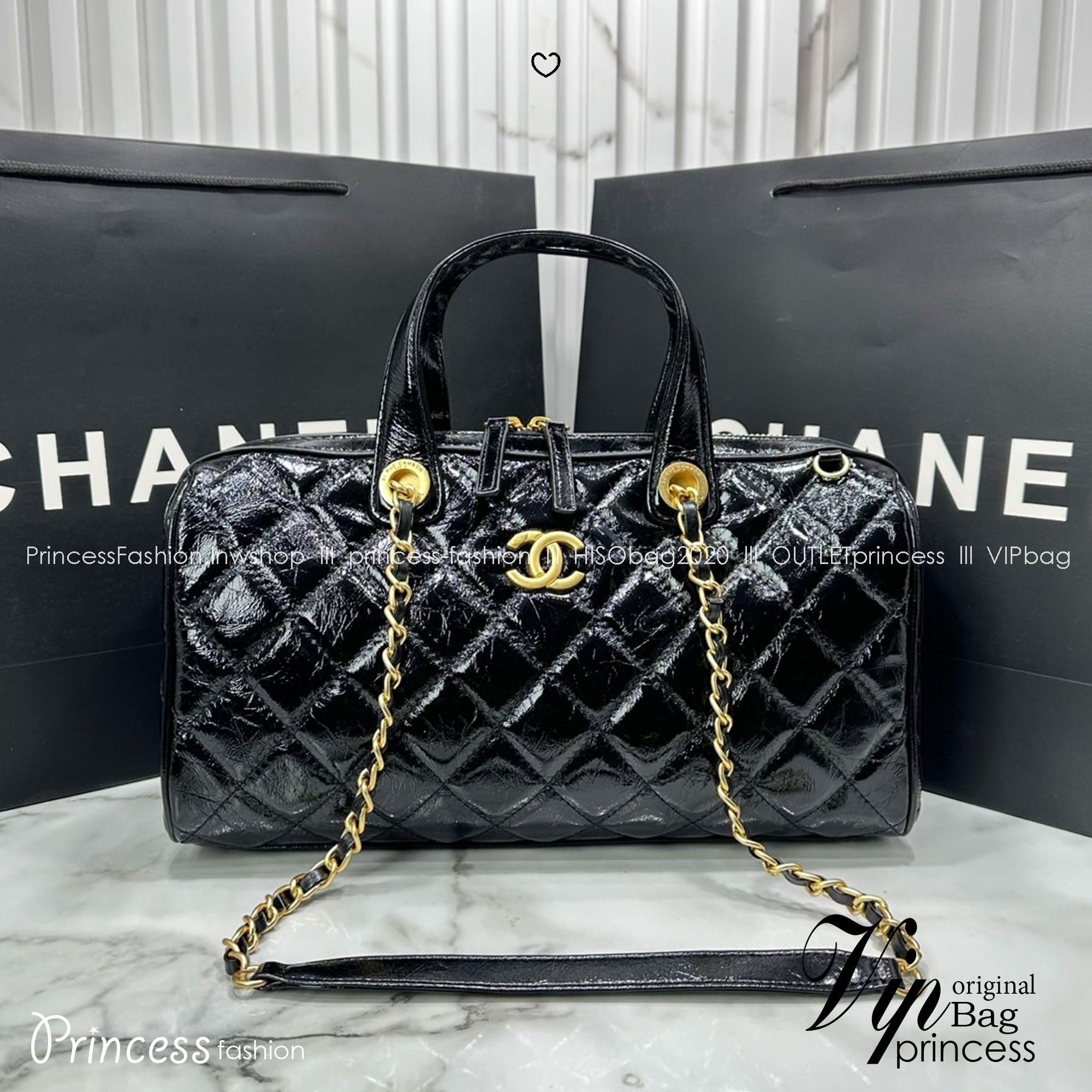 ORI หนังแท้ | Chanel Large Bowling Bag Crumpled Leather / Chanel Keepall Bag กระเป๋าถือ กระเป๋าสะพายรุ่นใหม่ล่าสุด ดีไซน์หนังยับเงา รูปแบบเรียบหรูหราใช้งานง่าย สวยงามตามแบบฉบับแบรนด์