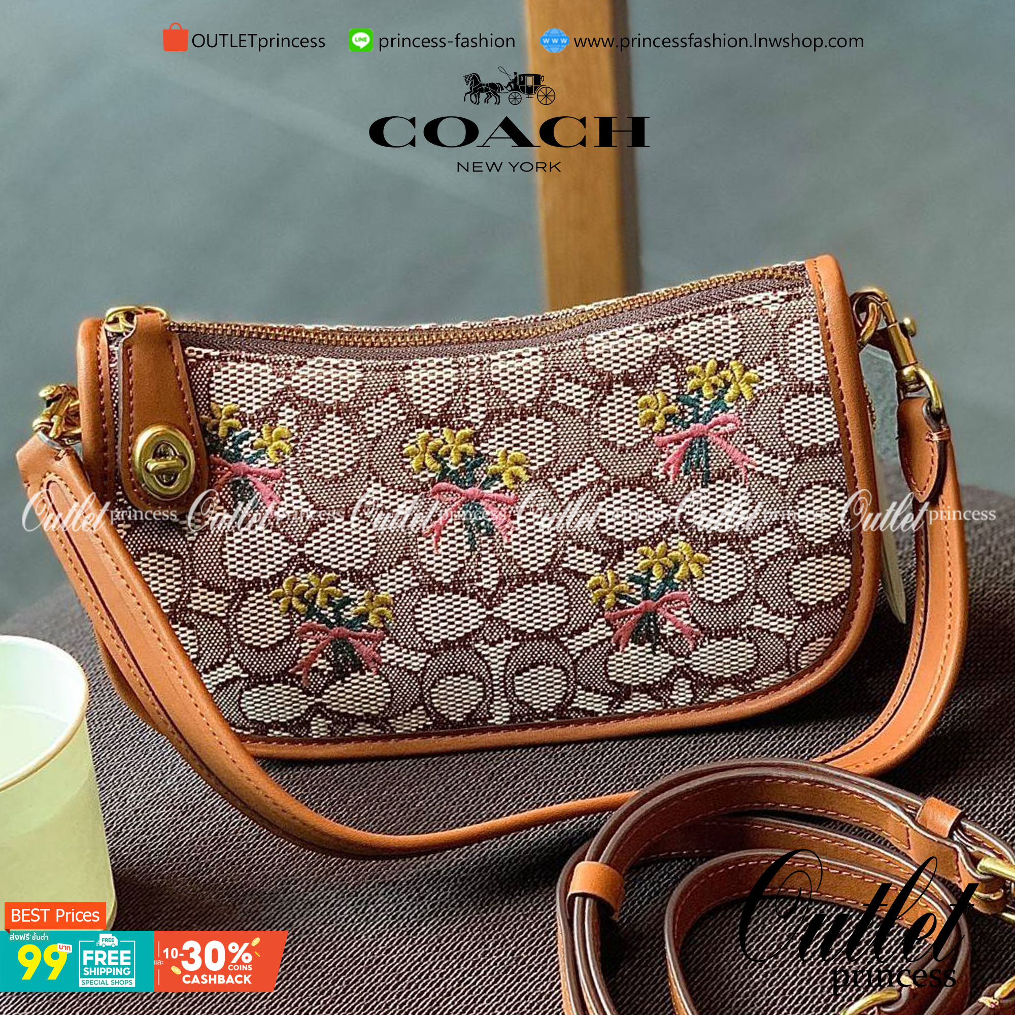 รุ่นใหม่ล่าสุด ต้อนรับหน้าหนาวนี้กันค่าา🎀 COACH SWINGER BAG IN SIGNATURE TEXTILE JACQUARD WITH BOUQUET MOTIF EMBROIDERY ((C6289)) พร้อมส่งที่ไทย จำนวนจำกัด สวยมากๆค่ะ! กระเป๋าหิ้วได้//สะพายข้างได้ วัสดุJacquardทอลายแบรนด์+หนังแท้ ได้ลงตัวสวย ดูคลา