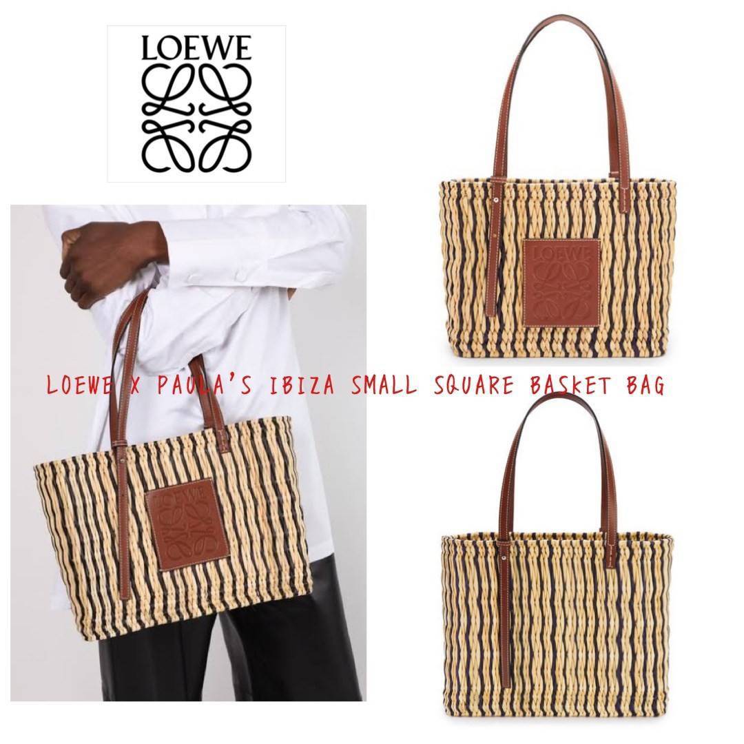 LOEWE X PAULA'S IBIZA SMALL SQUARE BASKET BAG กระเป๋าสะพายไหล่จากโลเอเว่ เป็นกระเป๋าสานขึ้นจากใบกก (Reed) ที่มีทั้งความเหนียวและความยืดหยุ่น สวยน่ารักแบบมินิมอล มีความทนทานสูง ดูแลรักษาง่าย ด้านหน้าและหูเป็นหนังแท้(calf skin) ส่วนภายในมีถุงผ้าแบบหูรู