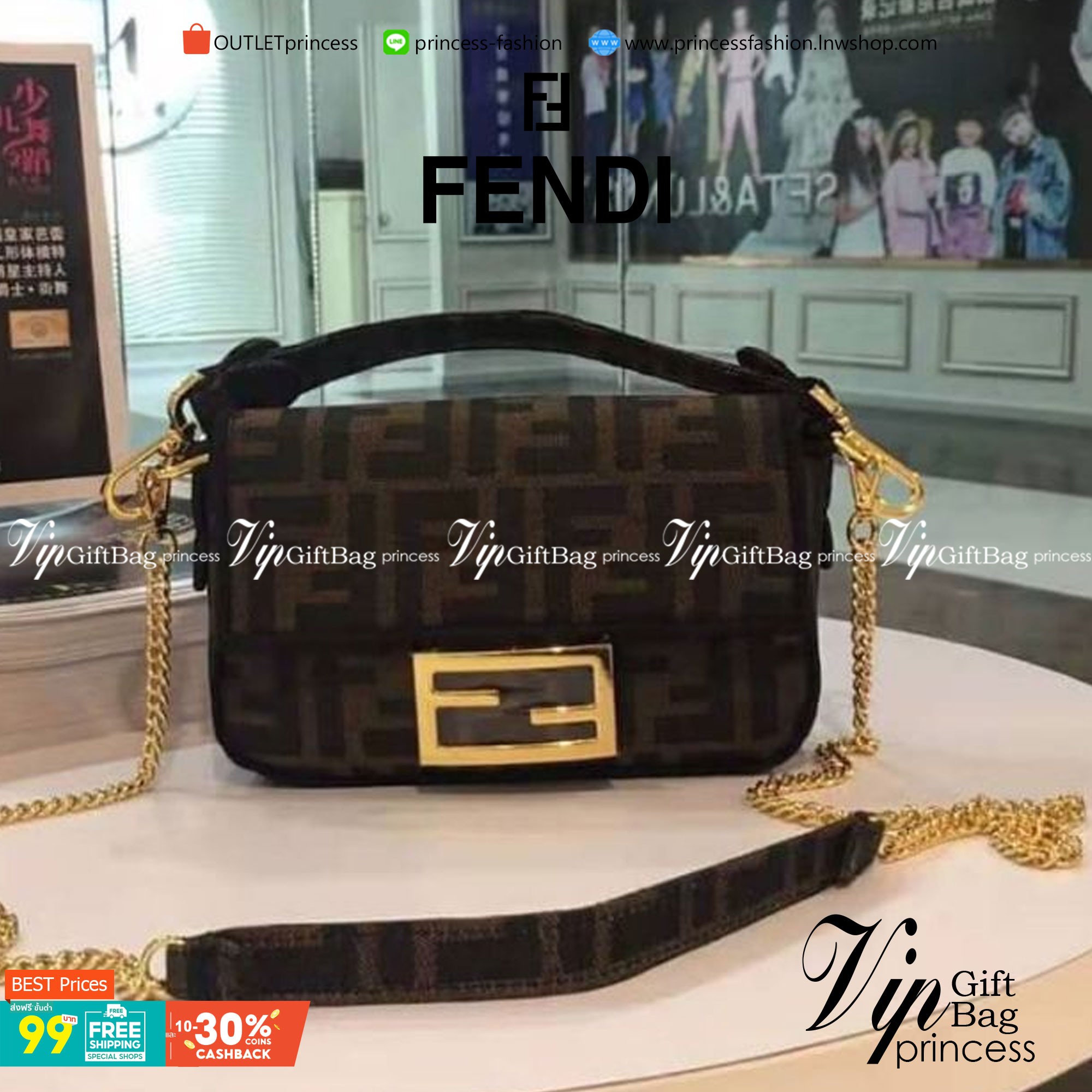 VIP 】FENDI VINTAGE BAGUETTE SHOULDER BAG 2size กระเป๋าสะพายทอลายโมโนแกรม อะไหล่ทองหรูหรา มี 2 ขนาด ทนทาน มาพร้อมสาย 2 แบบ สำหรับคล้องแขน และสายครอสบอดี้ เปิด-ปิดด้วยกระดุมแม่เหล็ก ภายในเป็นช่องโล่ง ใส่โทรศัพท์ พร้อมเสิร์ฟความสวยให้ถึงบ้านจ้า วัสดุผ้าทอลาย