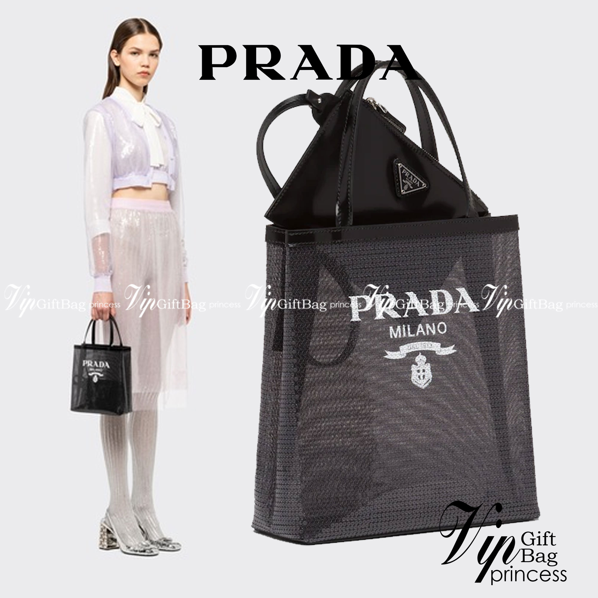 PRADA SMALL SEQUINED MESH TOTE BAG เอาใจสายแฟอีกครั้ง!! กระเป๋าทรงโท้ท ขนาดเล็ก ที่มีดีเทลฝีมือ ด้วยการเรียงร้อยแผ่นเลื่อมเป็นตาข่ายรอบใบ ตัดขอบด้วยหนังสังเคราะห์ พิเศษพร้อมใบลูกให้ด้วย ทรงใช้งานง่าย ภายในโล่งกว้าง ถือไปเรียน ไปเที่ยว ไปทำงาน พกพาง่ายสุดๆ