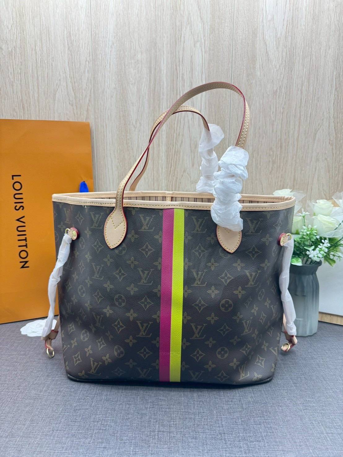 ORI หนังแท้ | LV Neverfull MM Mon Monogram Meridian / LV Tote Bag กระเป๋าสะพายทรงโท้ทใบใหญ่ ลายทางคาดหน้าสไตน์ท่องเที่ยว