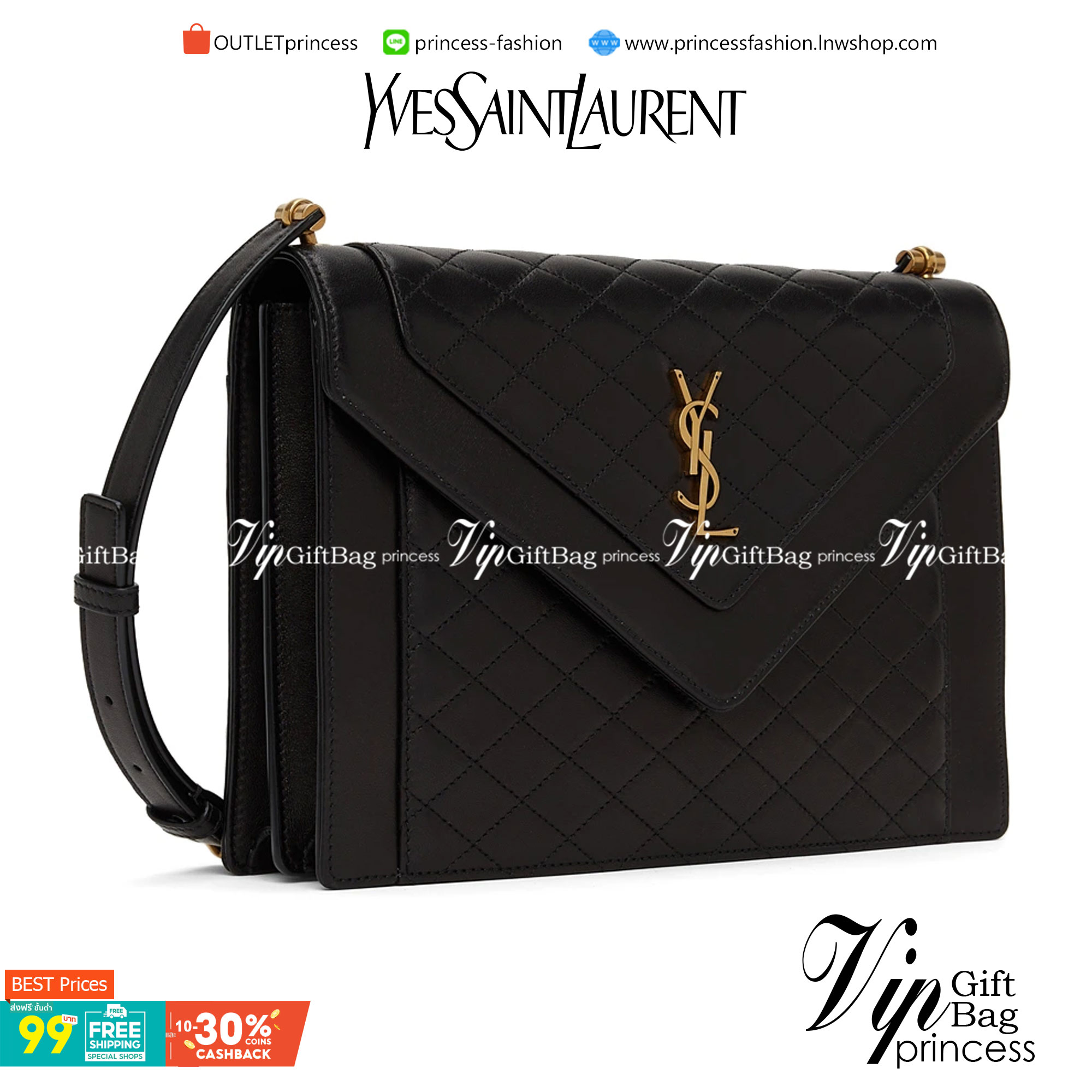 VIP 】YSL SAINT LAURENT Black Lambskin Quilted Gaby Satchel กระเป๋าสะพายทรงแมสเซนเจอร์ เปิดหน้าอะไหล่ทองหรูมากค่ะ วัสดุหนังแท้ Calfskin ทรงสี่เหลี่ยมหนังสวยหรูอยู่ทรงเปิดปิดด้วยฝาปิดโลโก้แบรนด์อะไหล่ทอง ภายในโล่งกว้าง สามารถใส่มือถือของใช้จุกจิกได้เยอะ สาย