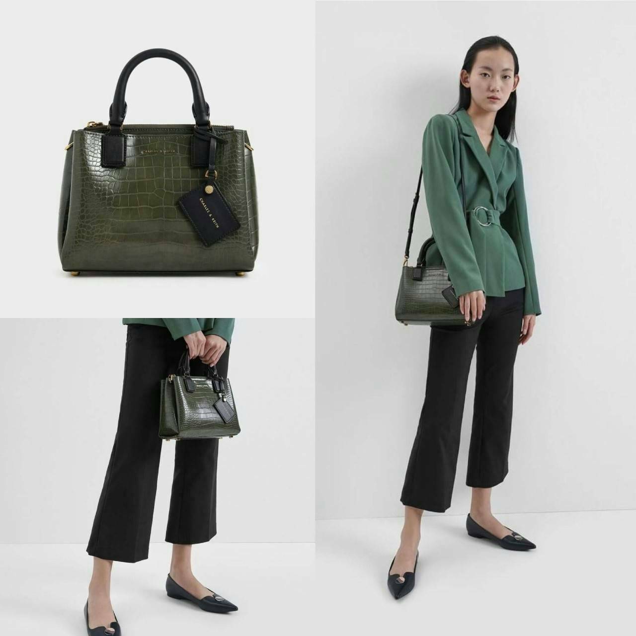 CHARLES & KEITH CROC-EFFECT STRUCTURE BAG กระเป๋าถือ/สะพายวางอยู่ทรง ตัวหนังกระเป๋าพิมพ์ลายจรเข้สวยมากๆ มีหมุดรองฐาน 4 มุม หูหิ้วพับลงได้ค่า เปิดปิดแบบกระดุมแม่เหล็ก แบ่งเป็น 3 ช่องใหญ่ เป็นช่องซิปตรงกลาง จุของได้ดี ใส่ ipad mini ได้นะค่า มีสายสะพายยาวแบบ