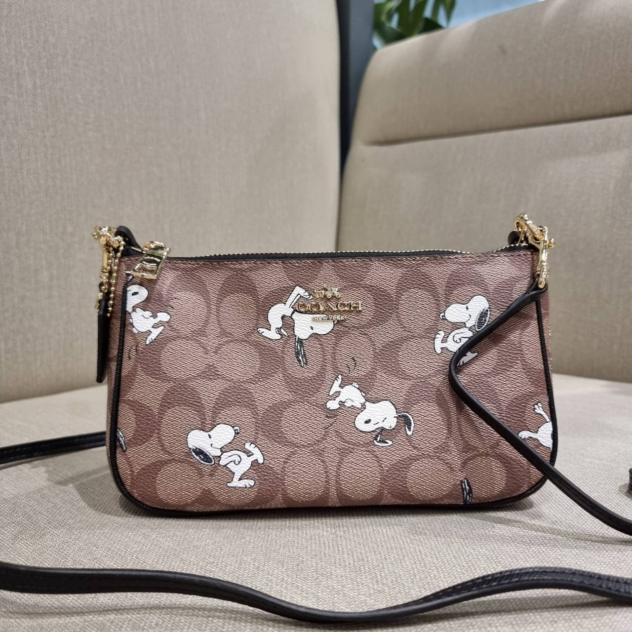 OUTLET 】COACH F36674 TOP HANDLE POUCH IN SIGNATURE WITH SNOOPY PRINT คอลเลคชั่นใหม่ ในสไตล์พอช มาให้ช้อปก่อนใครในไทยจ้า น่ารักน่าใช้ไปอีกกับกระเป๋าสะพายทรงฮิตตลอดกาล ด้วยดีไซน์ที่ออกมาให้ใช้งานได้ง่าย ขนาดกำลังเหมาะ วัสดุแคนวาสทนทาน ดีไปหมดขนาดนี้!! คุณลู