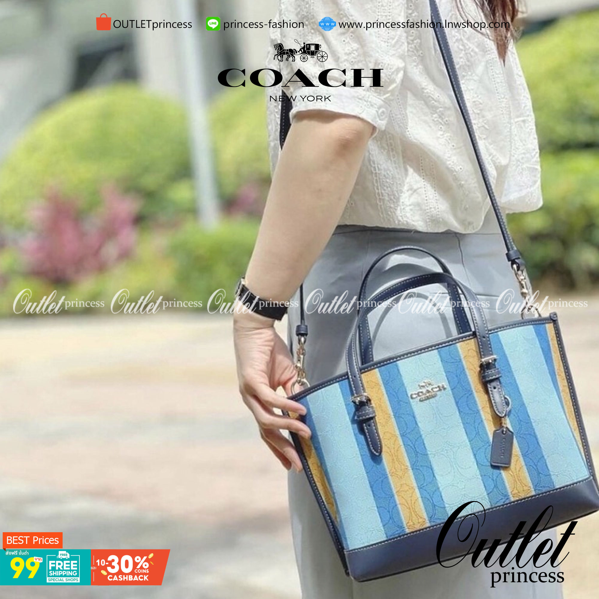 Coach Mollie Tote 25 In Signature Jacquard With Stripes กระเป๋าสะพายใหม่ล่าสุดจาก Coach Factory วัสดุ Canvas & Calfskin ดีไซน์ Casual เทคเจอร์สวยอยู่ทรงด้านหน้าประดับโลโก้แบรนด์ ภายในมีช่องแบ่งแยกเป็นสัดส่วน มีช่องซิปกลาง ใส่มือถือ กระเป๋าสตางค์ยาว ของใช้