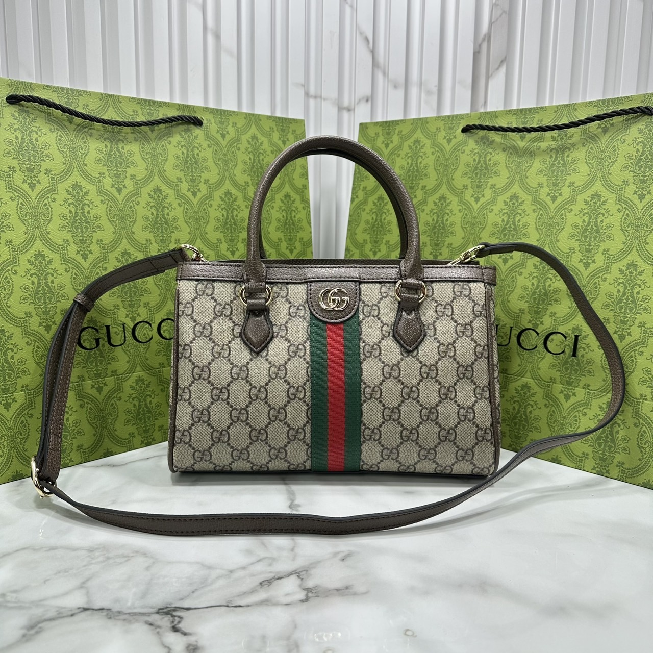 ORI หนังแท้ | Gucci Ophidia small tote bag Monogram Double G / Gucci Tote Bag กระเป๋าสะพายทรงโท้ทใบเล็ก คอลเล็กชั่น Ophidia ไฮไลท์รูปทรงและฟังก์ชั่นการใช้งานที่ได้รับการตีความใหม่