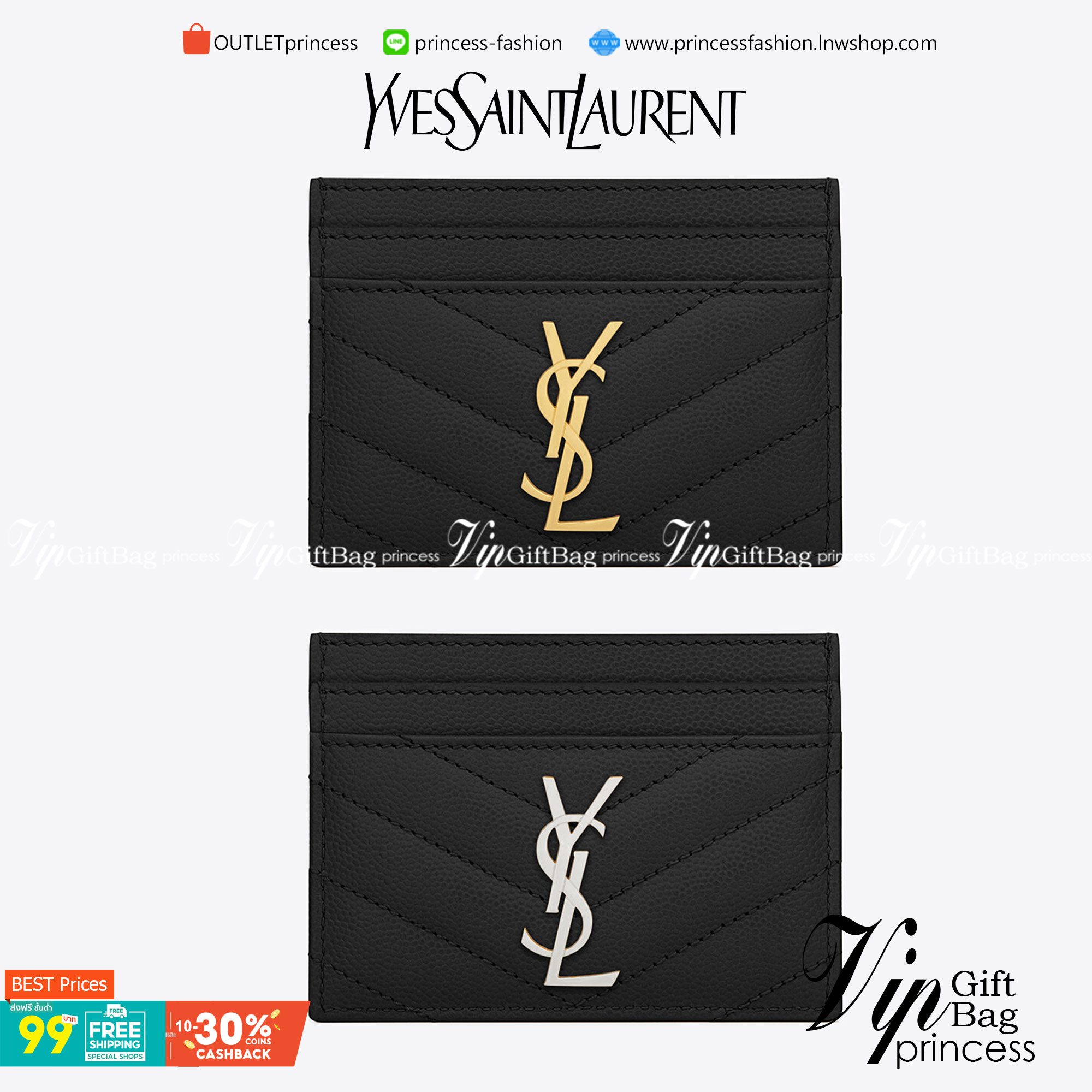 VIP 】หนังแท้ YSL SAINT LAURENT MONOGRAM CARD CASE IN GRAIN DE POUDRE EMBOSSED LEATHER (อะไหล่เงิน/อะไหล่ทอง) YSL CARD HOLDER