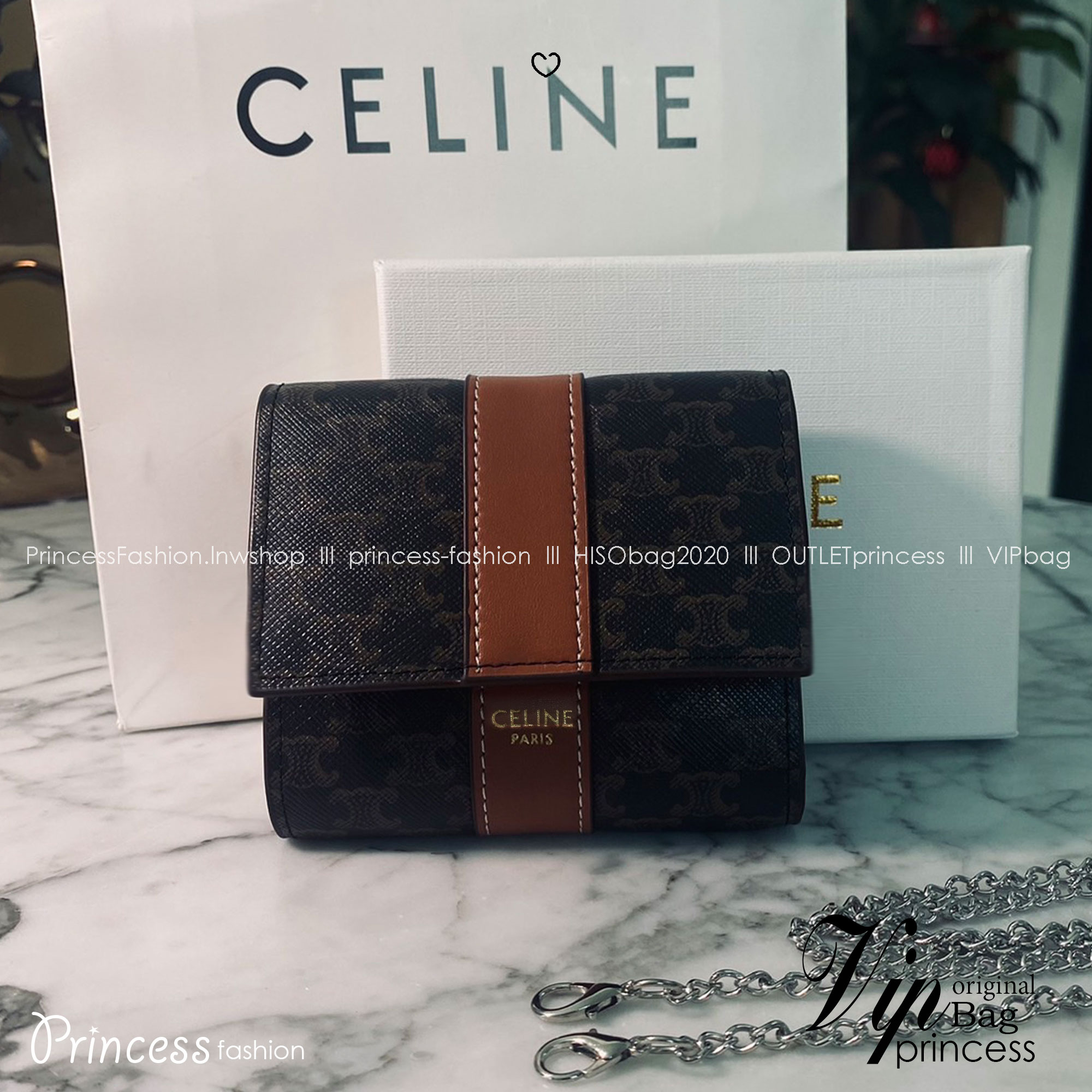 CELINE TRIFOLD WALLET กระเป๋าสตางค์ 3 พับ พร้อมสายสะพายโซ่ crossbody สะพายไหล่ได้ เริ่ดเว่อร์! ไอเท็มสุดฮอต exclusive ดีไซน์สุดคลาสสิค วินเทจ เรียบง่ายแต่หรูหรา