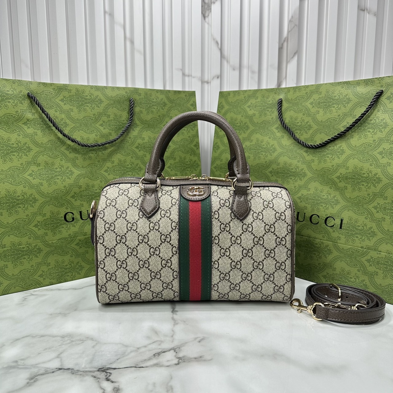 ORI หนังแท้ | Gucci Ophidia boston bag GG Monogram Double G / Gucci Keepall Bag กระเป๋าสะพายทรงหมอนบอสตัน รูปทรงใช้งานง่าย ฟังก์ชั่นการใช้งานที่ได้รับการตีความใหม่