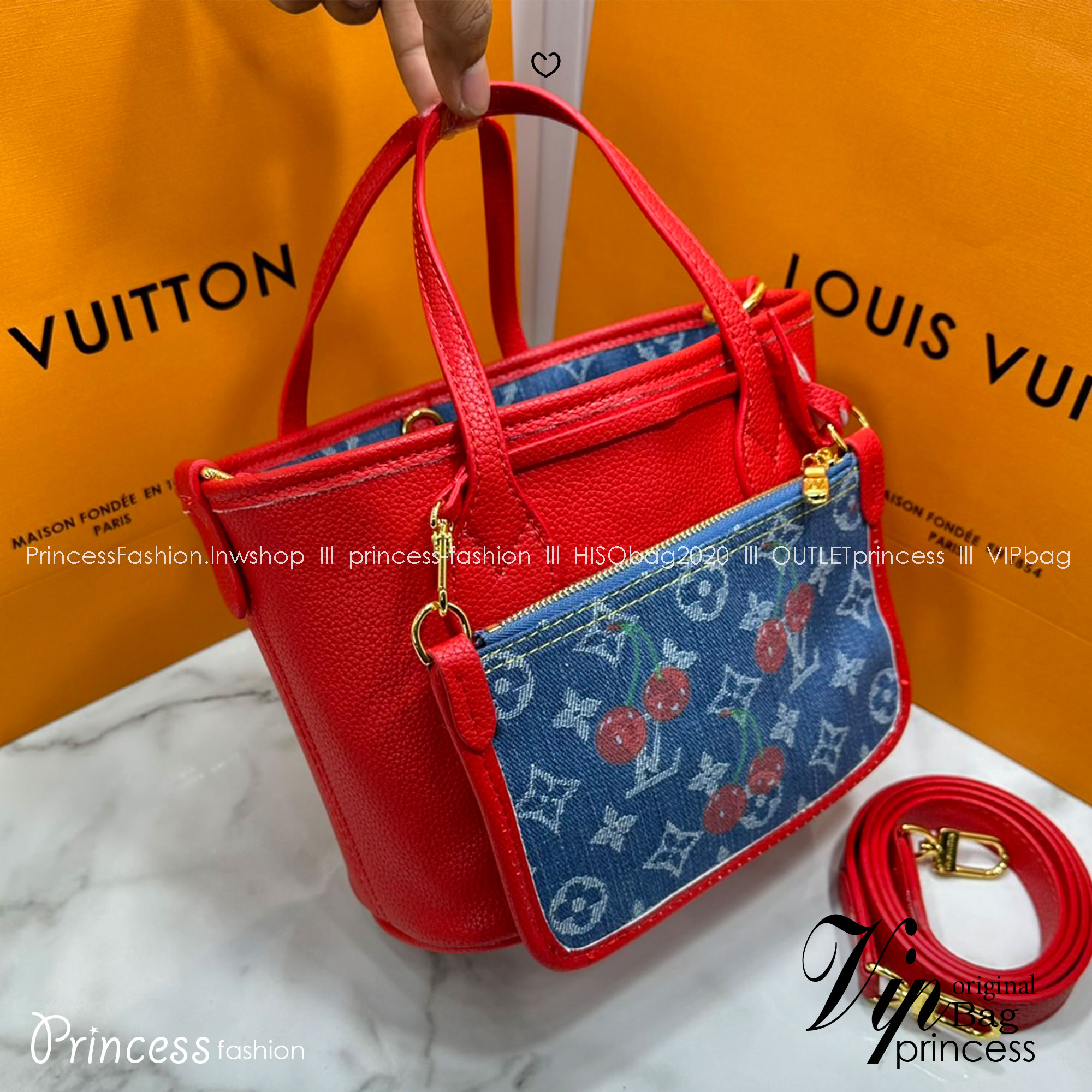 ORI หนังแท้ | LV x TM - Neverfull Inside Out BB Bag Monogram cherry denim กระเป๋าสะพายทรงโท้ทใบเล็ก ไอเท็มโดดเด่นมีชีวิตชีวา เดนิมปักลายเชอร์รี่สีสันสดใสสะดุดตาสะท้อนสไตล์ไอคอนิกของศิลปินชาวญี่ปุ่น