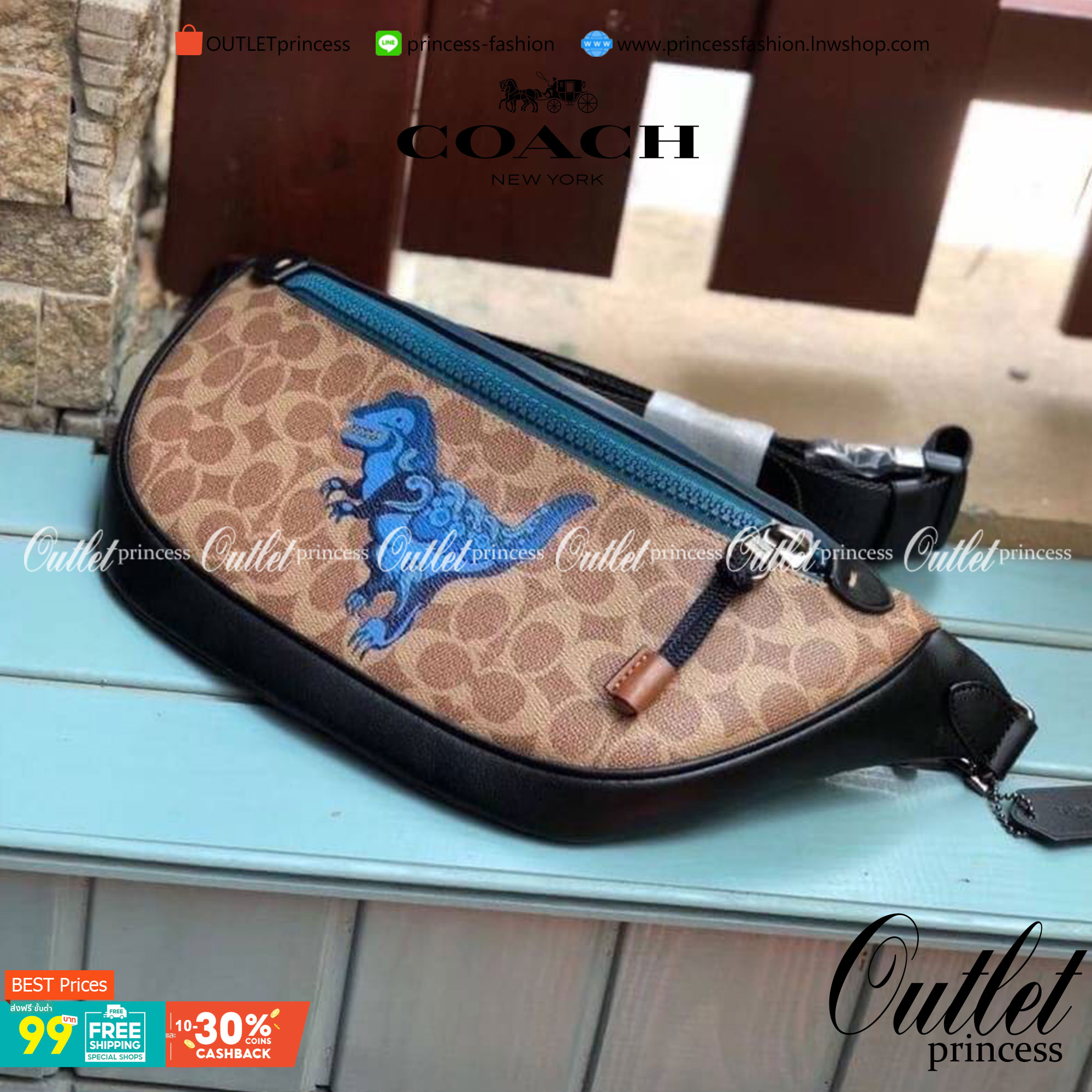 OUTTLET 】COACH RIVINGTON BELT BAG IN SIGNATURE CANVAS WITH REXY BY ZHU JINGYI