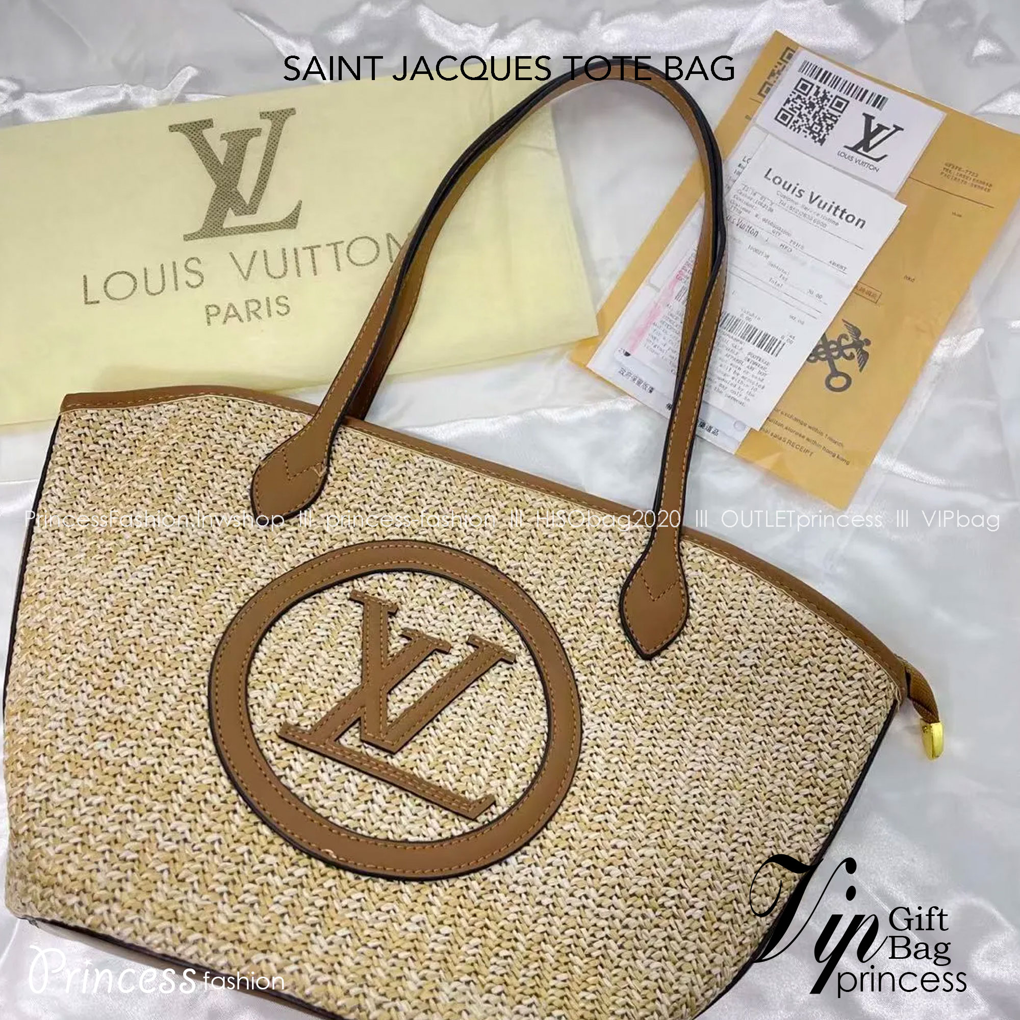 LV SAINT JACQUES TOTE BAG 25cm กระเป๋าสะพายรุ่นลิมิเต็ดหายาก ด้วยวัสดุสังเคราห์จากธรรมชาติ สานเต็มใบออกมาเป็นลวดลายสวยงาม และยังโดดเด่นด้วยโลโก้ สีโทนอุ่น