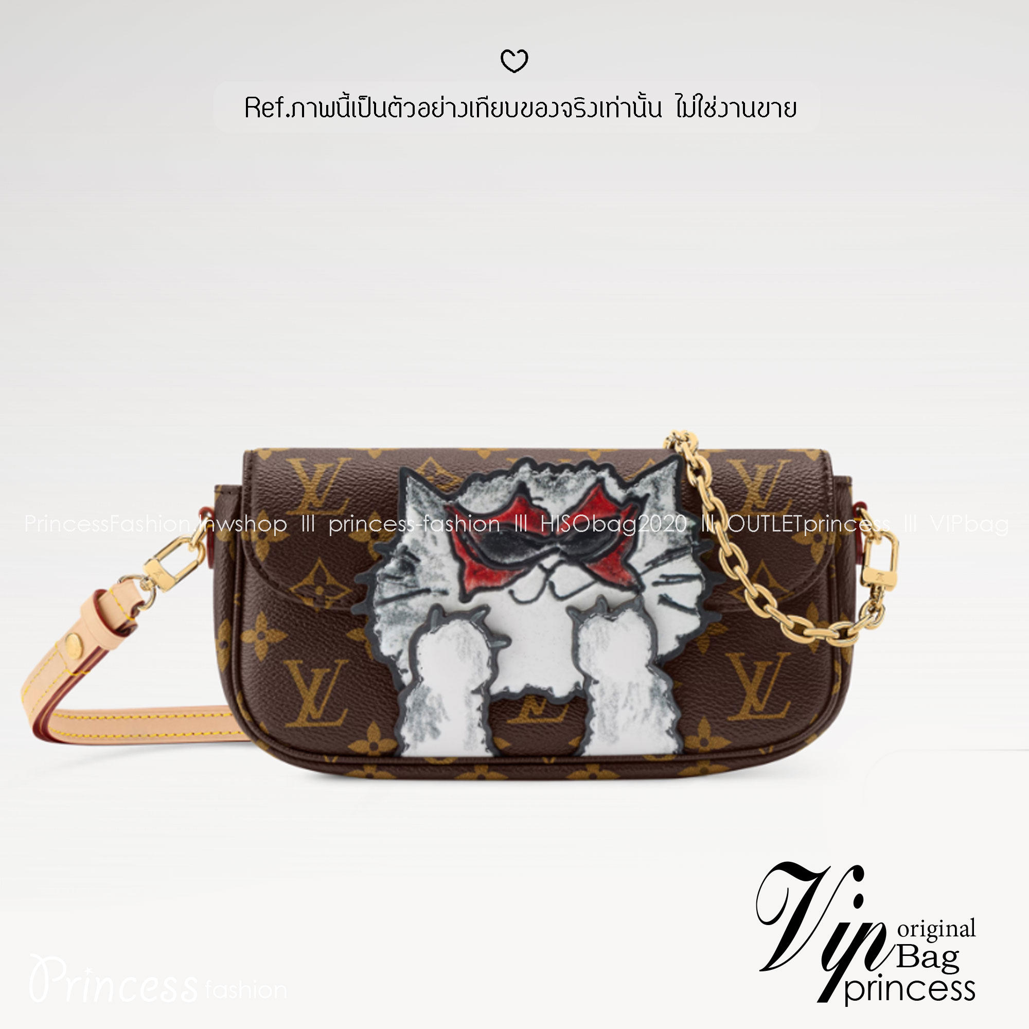 ORI หนังแท้ | LV Ivy chain wallet love of cats กระเป๋าสะพายไอวี่ดีไซน์กระเป๋าสตางค์ โดดเด่นด้วยการตกแต่งภาพประกอบแสนสดใสที่วาดมือลายน้องแมว พร้อมช่องใส่บัตร สายสะพายหนังและโซ่ถอดได้
