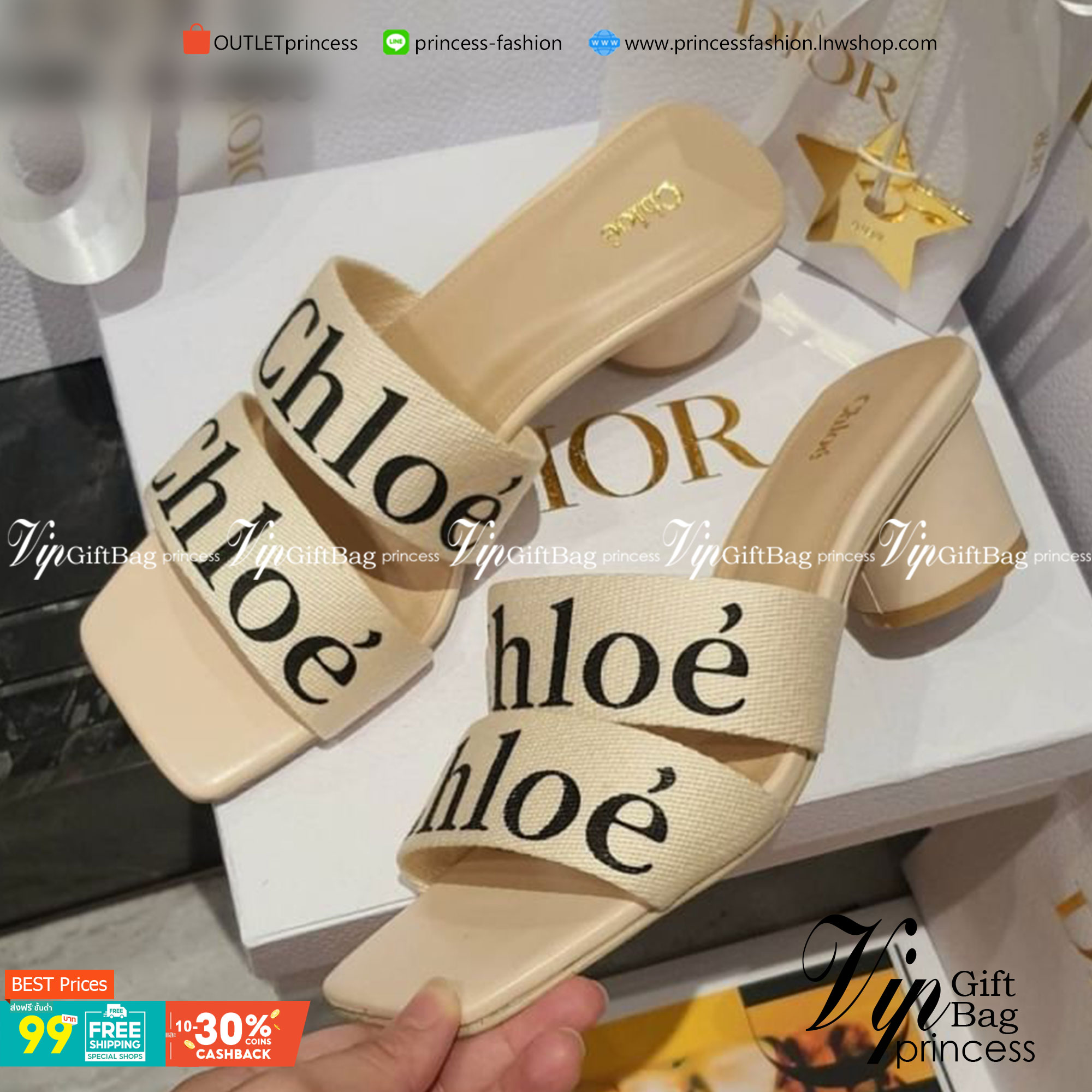 Chloe รองเท้าแตะ สวย ดูแพง เกินราคาขายมากคะ วัสดุผเาแคนวาสสกีนชื่อแบรนด์ คาด 2 ชั้น ส้นทรงกระบอกแท่งกลม สวมใส่ง่าย แมทส์ชุดง่าย น้ำหนักเบา