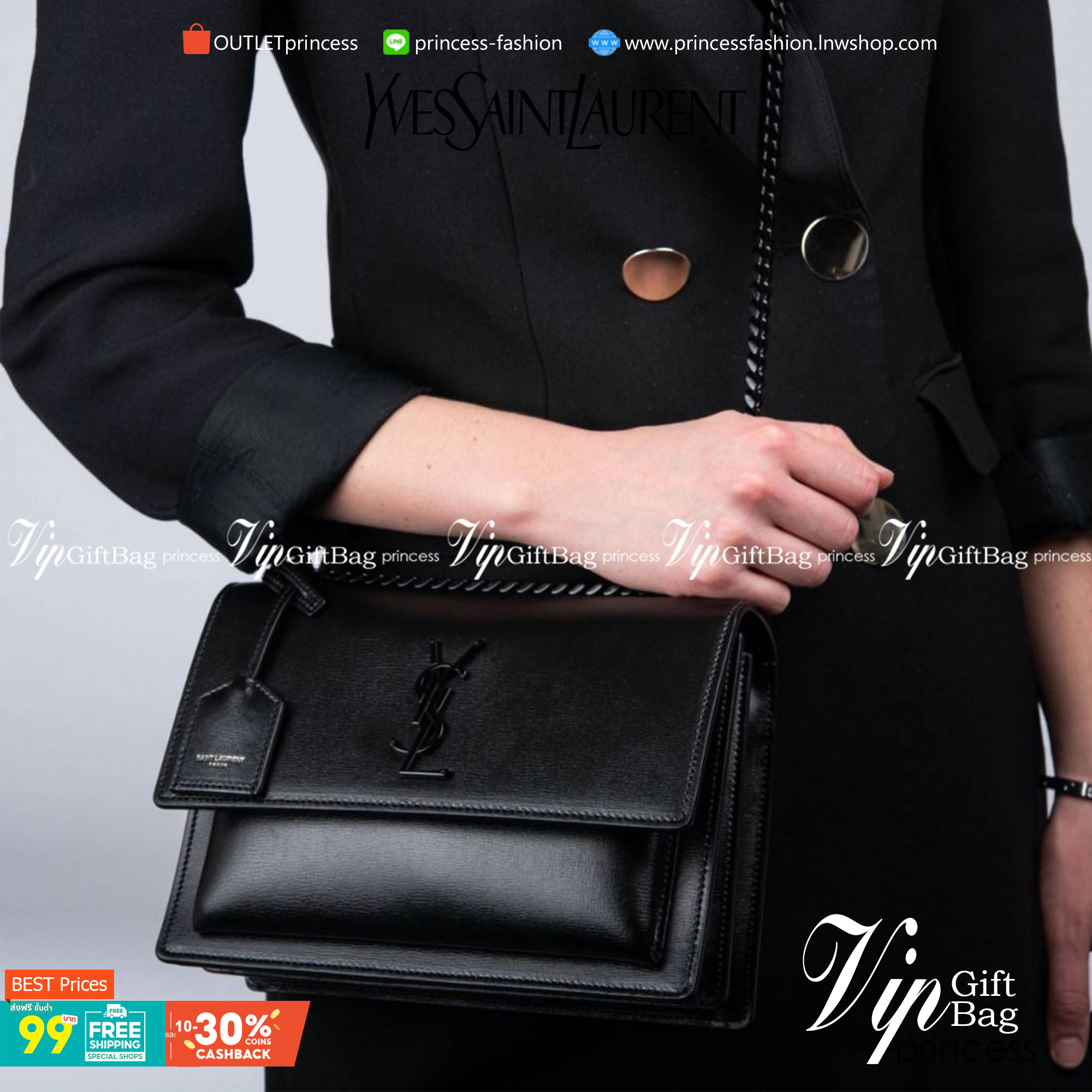 VIP 】YSL_SUNSET MEDIUM IN CROCODILE EMBOSSED SHINY LEATHER Bag VIP GIFT WITH PURCHASE (GWP) พรีเมี่ยมกิ้ฟ Limited Edition จาก YSL DUTY FREE COUNTER วัสดุหนังแกะสังเคราะห์ อะไหล่ดำทั้งใบ งานฮอตรุ่นฮิตที่กำลังมาแรง ตกแต่งป้ายห้อยเก๋ๆ ด้วยตัวอักษรแบรนด์ สายส