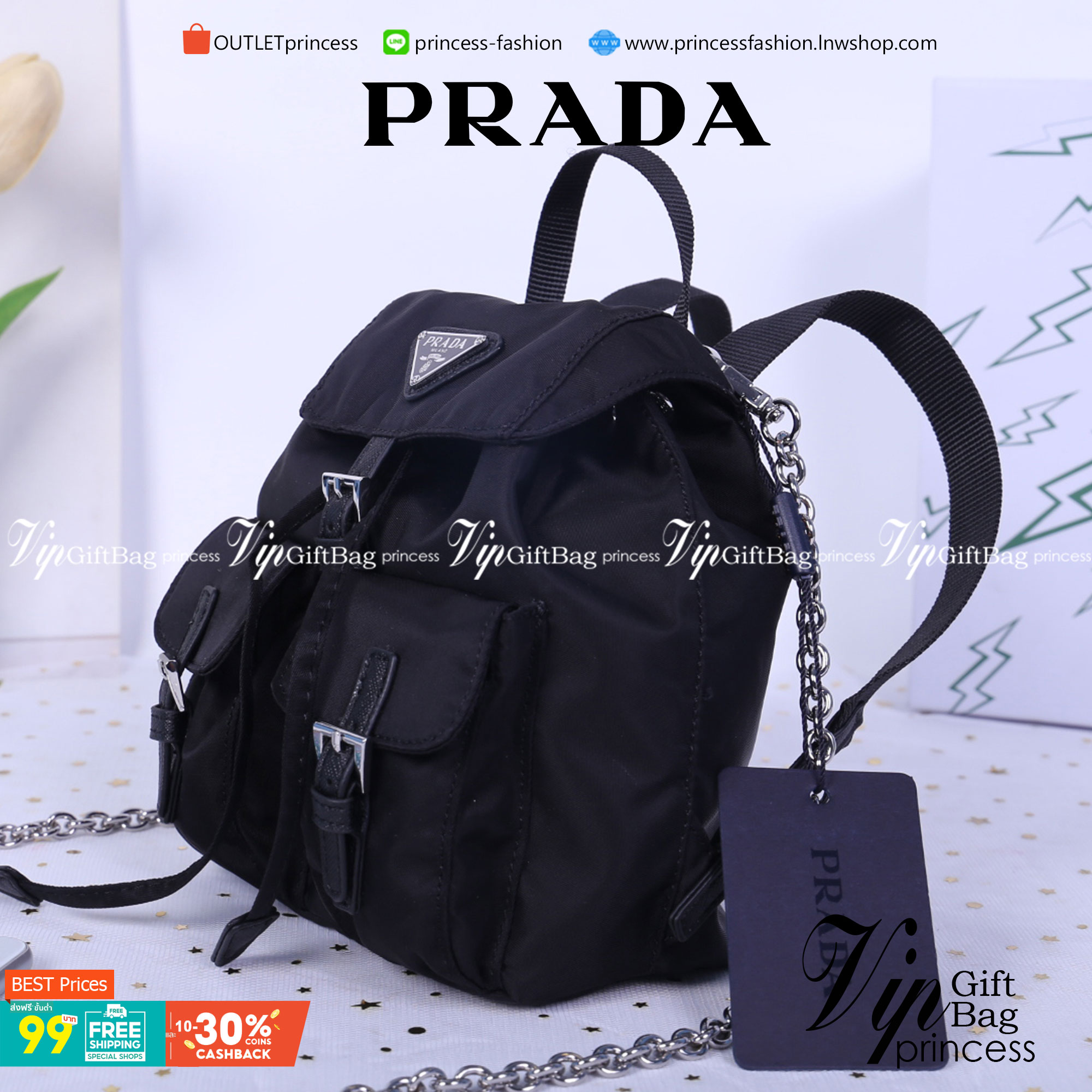 Prada Black Nylon Mini Double Buckle Backpack Crossbody Bag รุ่นนี้เป็นทรงเป้มินิน่ารักๆๆ ด้านในโล่งกว้าง ซับด้านในพิมพ์ลายแบรนด์ ใส่ของจุกจิง โทรศัพท์ กระเป๋าตังใบสั้น เครื่องสำอาง ได้แบบสบาย อะไหล่เงินทั้งใบ บอกเลยว่ารุ่นนี้สวย น่ารัก จะถือหรือสะพายก็ดู