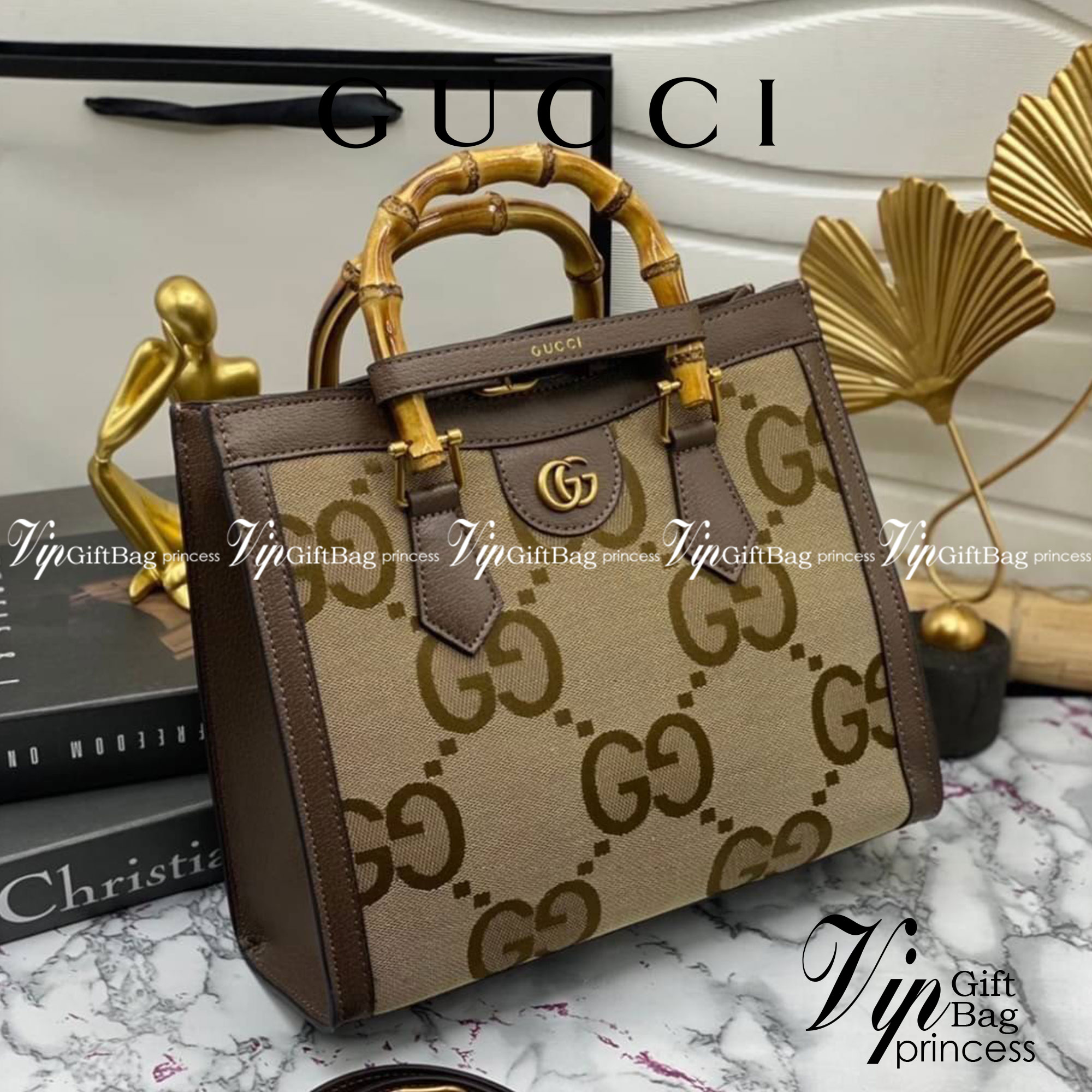 หนังแท้ Gucci Diana jumbo GG small tote bag 27cm พร้อมส่งที่ไทย Brown Camel and ebony jumbo GG canvas ภาพสินค้าถ่ายจากงานขายจริง ใช้งานต่างประเทศได้ค่ะ