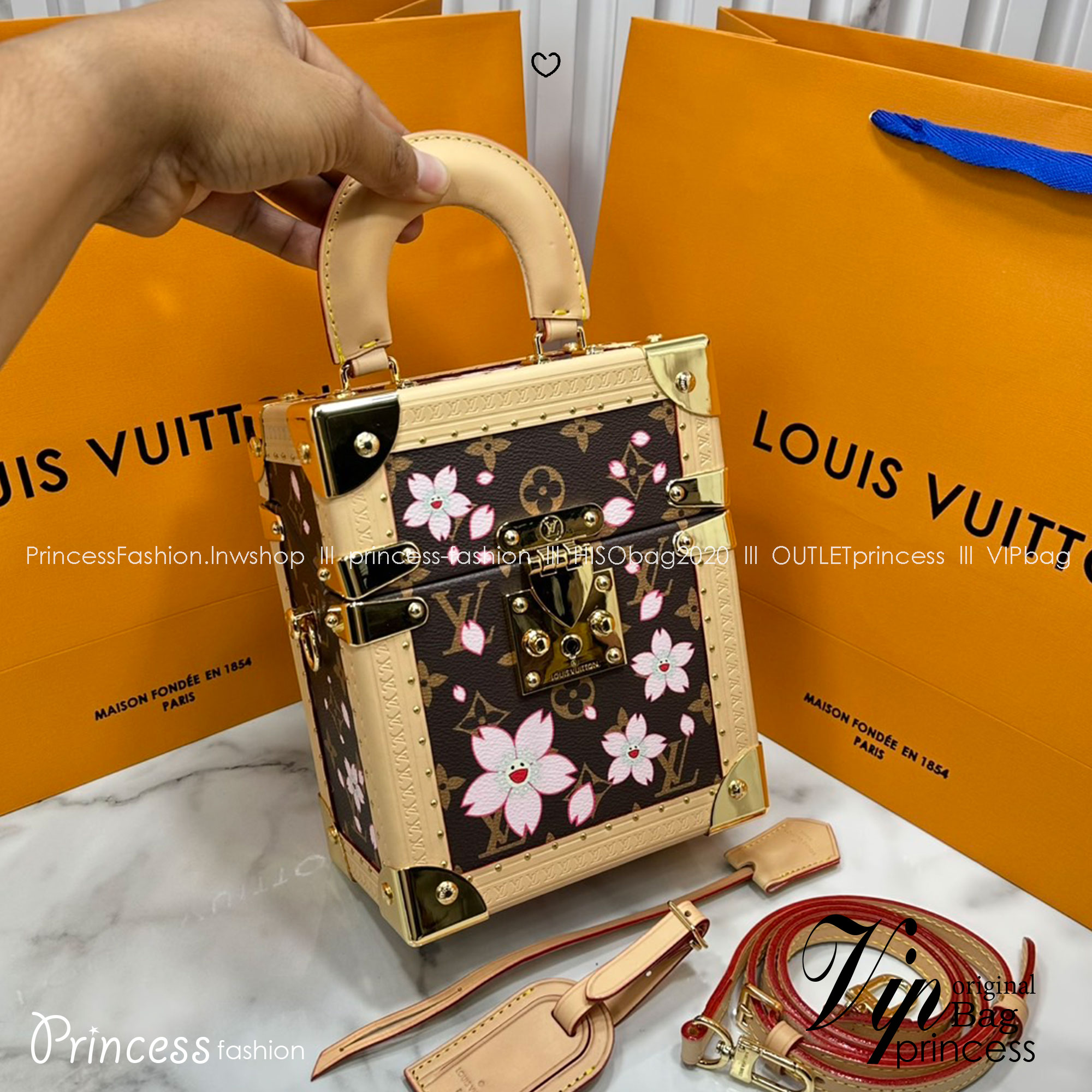 ORI หนังแท้ | LV x TM Camera Box Sakura Brown กระเป๋าสะพายทรงกล่องดีไซน์ขนาดเล็กพกพาสนุก ลายพิมพ์ดอกซากุระมีชีวิตชีวากับสไตล์เป็นเอกลักษณ์ เปี่ยมไปด้วยพลังและหรูหรา