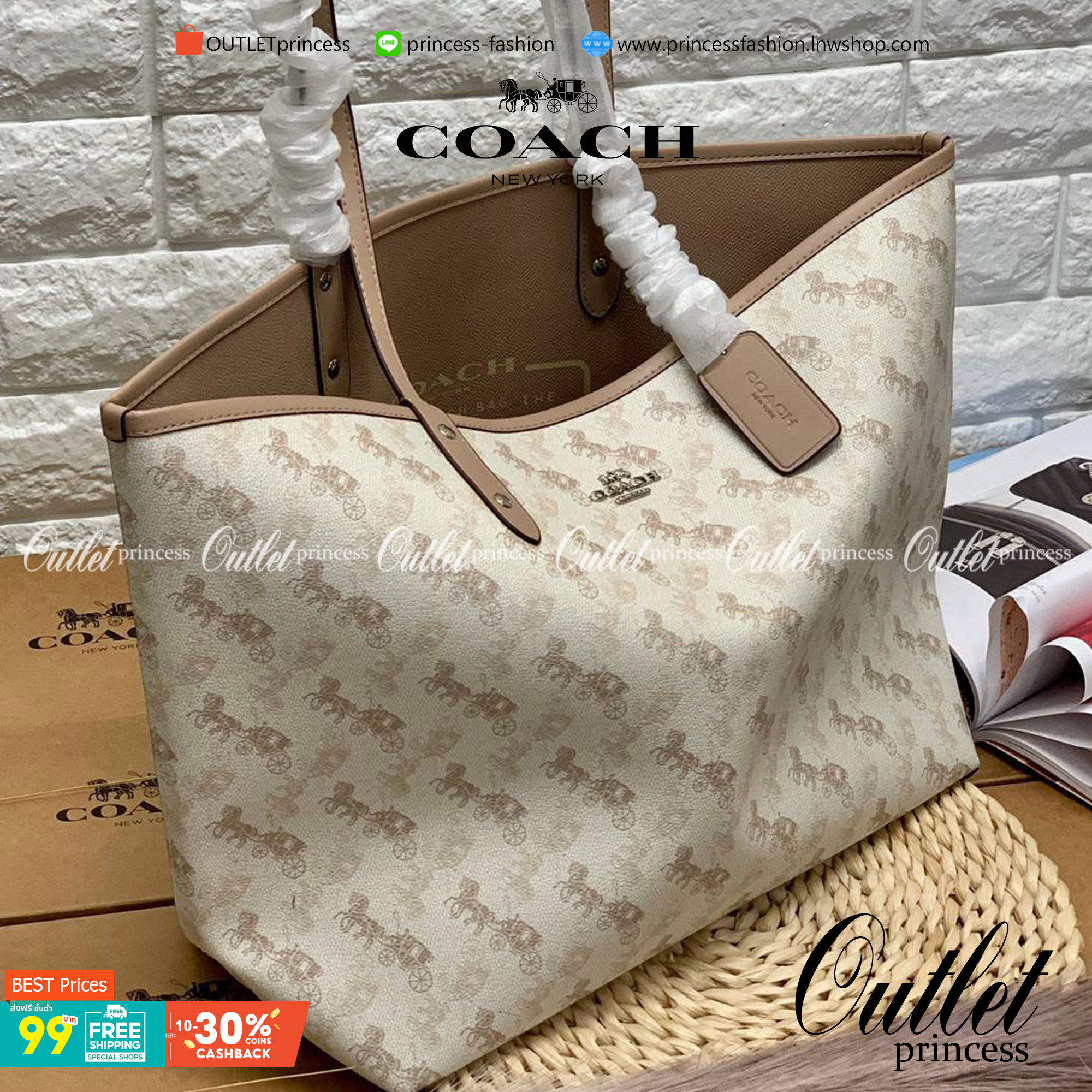 COACH 91107 REVERSIBLE CITY TOTE WITH HORSE AND CARRIAGE PRINT ใช้ได้ 2 ด้าน 🔺ทรง Tote รุ่นแนะนำค่ะ!! วัสดุ pvc อย่างดี นิ่มยวบตัวสวย ลายรถม้าทั้งใบค่ะ (ในไทยหายากค่ะลายนี้) 📌สามารถใช้ได้ทั้งด้านในและด้านนอกนะคะ สวยทั้ง2ด้านเลยทีเดียว เป็น