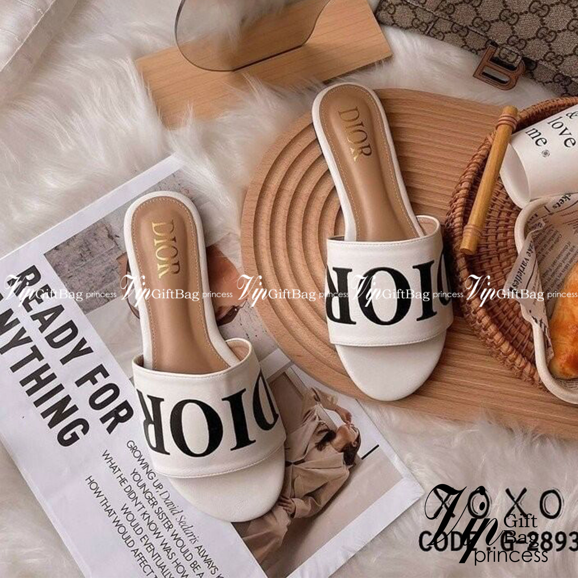 Dior รองเท้าแตะงาน สกรีน แบรนด์ เรียบ หรู แมทส์ชุดง่าย ย้ำหนักเบา วัสดุ หนัง PU