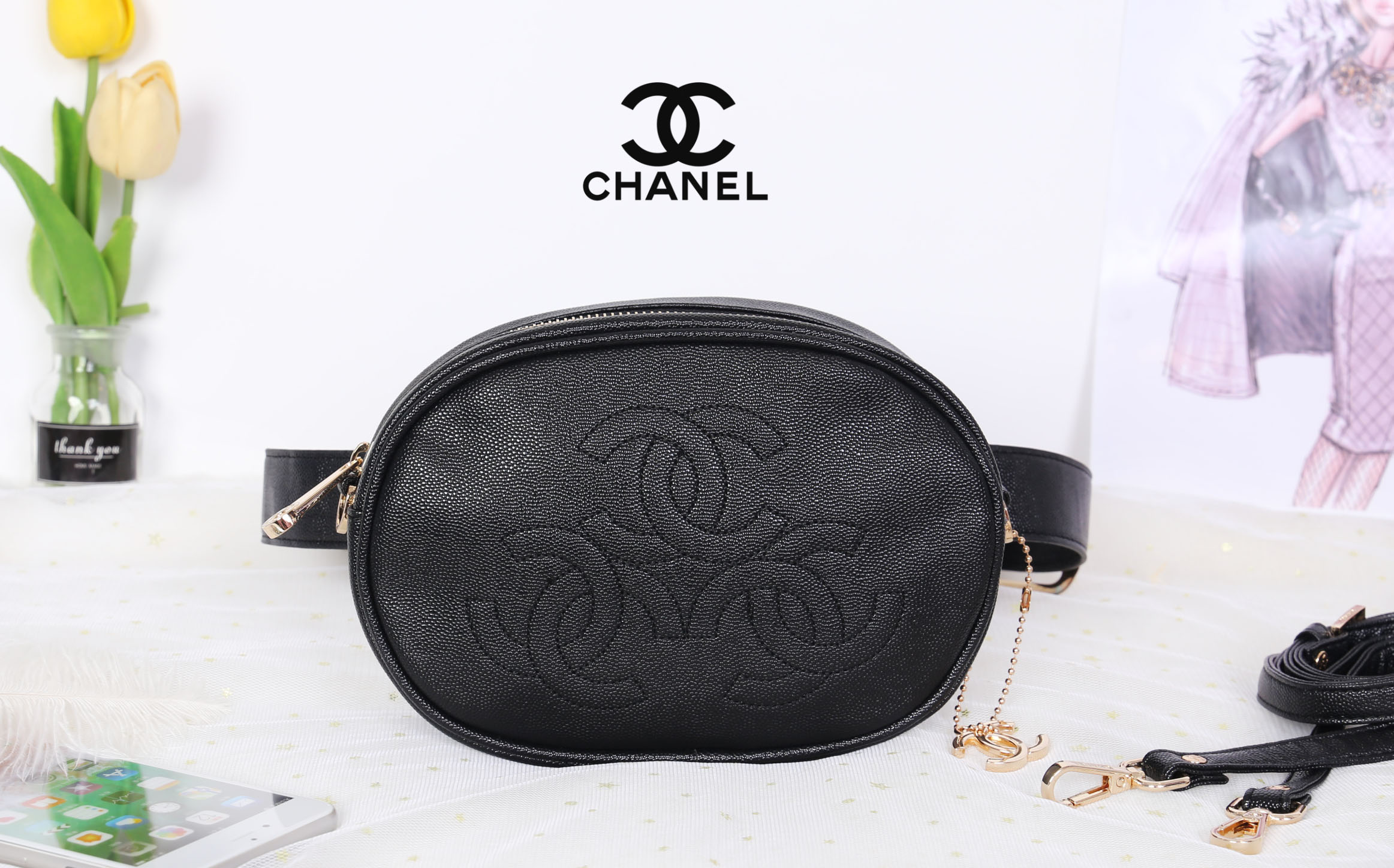 CHANEL waist and crossbody bag with 2 straps / Chanel Belt Bag กระเป๋าสะพาย หรือคาดเอวด้วยเข็มขัด วัสดุทำจากหนังพรีเมี่ยมลายคาเวียร์ทั้งใบด้านหน้ามีโลโก้แบรนด์