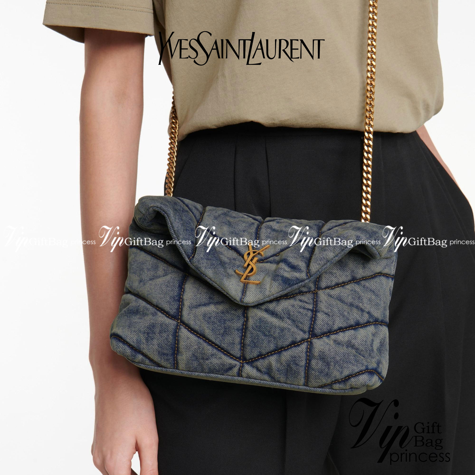 YSL SAINT LAURENT Loulou Danim Shoulder Bagblue bag กระเป๋าสะพายผ้ายีนส์เดนิมควิลท์ อะไหล่ทอง สีตัดกันสวยมากค่ะ รอบนี้มา 2สี โทนยีนส์ดำ และฟ้า สวยเท่ๆ ไปเลยค่า งานดูดีมีระดับ ชนช็อป ปั้มทุกจุดเป๊ะมากก สายสามารถดึงสั้นยาวได้ค่ะ
