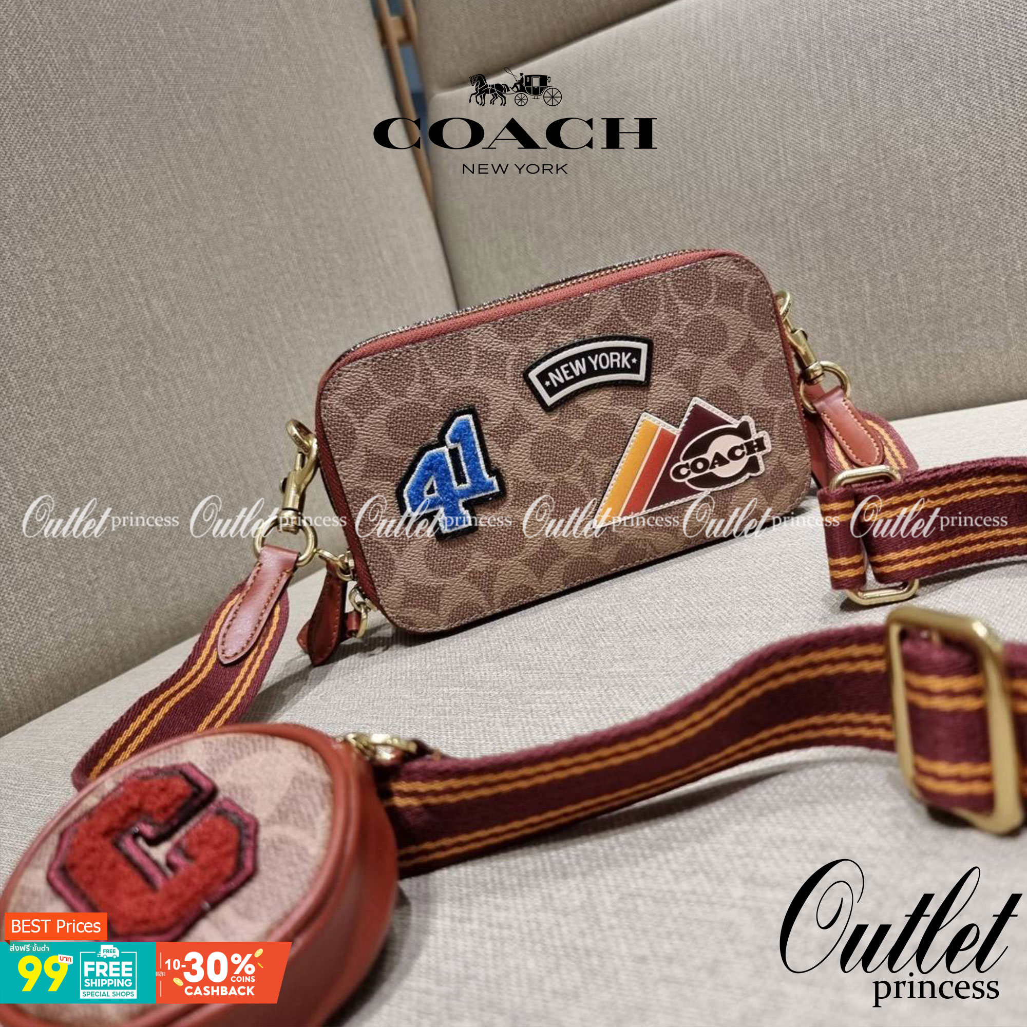 COACH C6744 CHARTER SLIM CROSSBODY IN SIGNATURE CANVAS WITH PATCHES คอลเลคชั่นฮอลิเดย์ สดใสพร้อมปังพร้อมส่ง!! น่ารักมากๆกับดีไซน์สกีเรทโทรวินเทจ วัสดุหนังแคนวาสเคลือบลายสลับหนังแท้ โดดเด่นด้วยแพทช์ลายสวยคม ดีเทลความเลิศมันอยู่ตรงนี้!! ตรงที่มีน้องใบเล็กมา