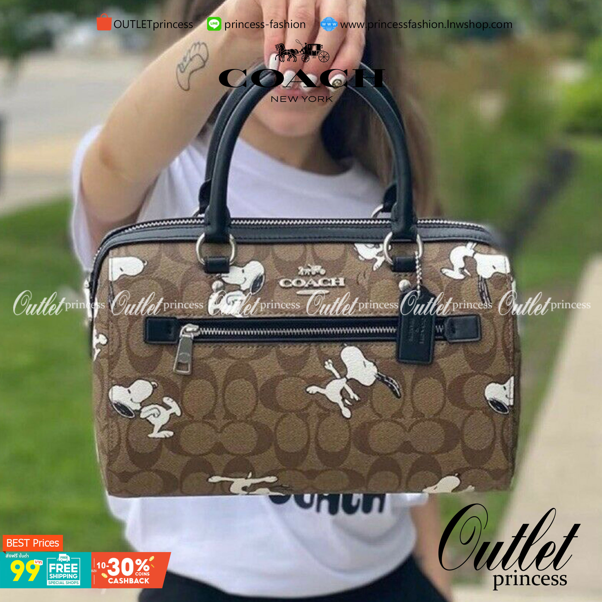 COACH C4118 COACH x PEANUTS ROWAN SATCHEL IN SIGNATURE CANVAS WITH SNOPPY PRINT สนูปพีที่สุดของคอลเลคชั่นแห่งความน่ารัก มาในดีไซน์ของกระเป๋าทรงหมอนยอดฮิต คลาสสิคใช้งานได้ไม่มีเบื่อ รอบนี้มาให้พร้อมสายสะพาย crossbody แบบสปอร์ต ทำให้ใช้งานได้อย่างกระฉับกระเ