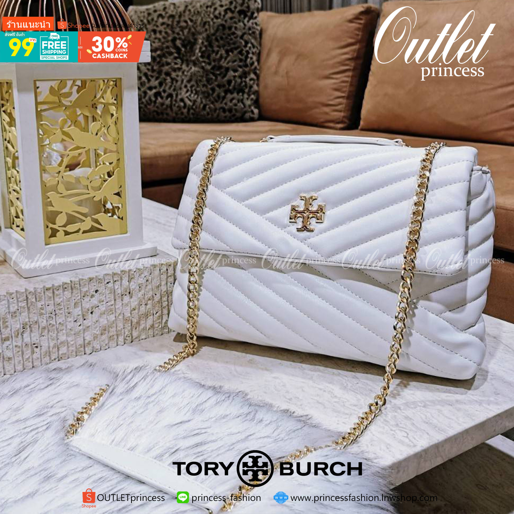 OUTLET ของแท้ 💯% 】Tory Burch Factory Outlet Quilted Chain Crossbody Sling Bag กระเป๋าสะพายรุ่นแนะนำจาก Tory Burch Factory วัสดุหนังแกะสังเคราะห์ขึ้นลายริ้วหนังนิ่มสวยอยู่ทรง ดีไซน์ยอดนิยมสวยน่าใช้