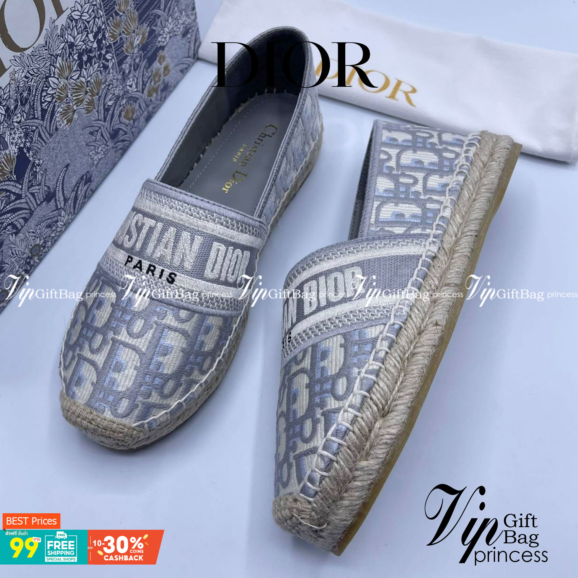 DIOR GRANVILLE ESPADRILLE Oblique Embroidered Cotton รองเท้าที่เป็นเอกลักษณ์ ที่สุดแห่งความหรูหราที่ใช้งานได้ทุกวัน ตัดเย็บจากผ้าฝ้ายปักลาย ประดับด้วยรายละเอียดสวยงาม งานเกรดออริจินอล 1:1 เหมือนที่สุด ภาพสินค้าถ่ายจากงานขายจริง ไม่โป๊ะแตกแน่นอนค่า