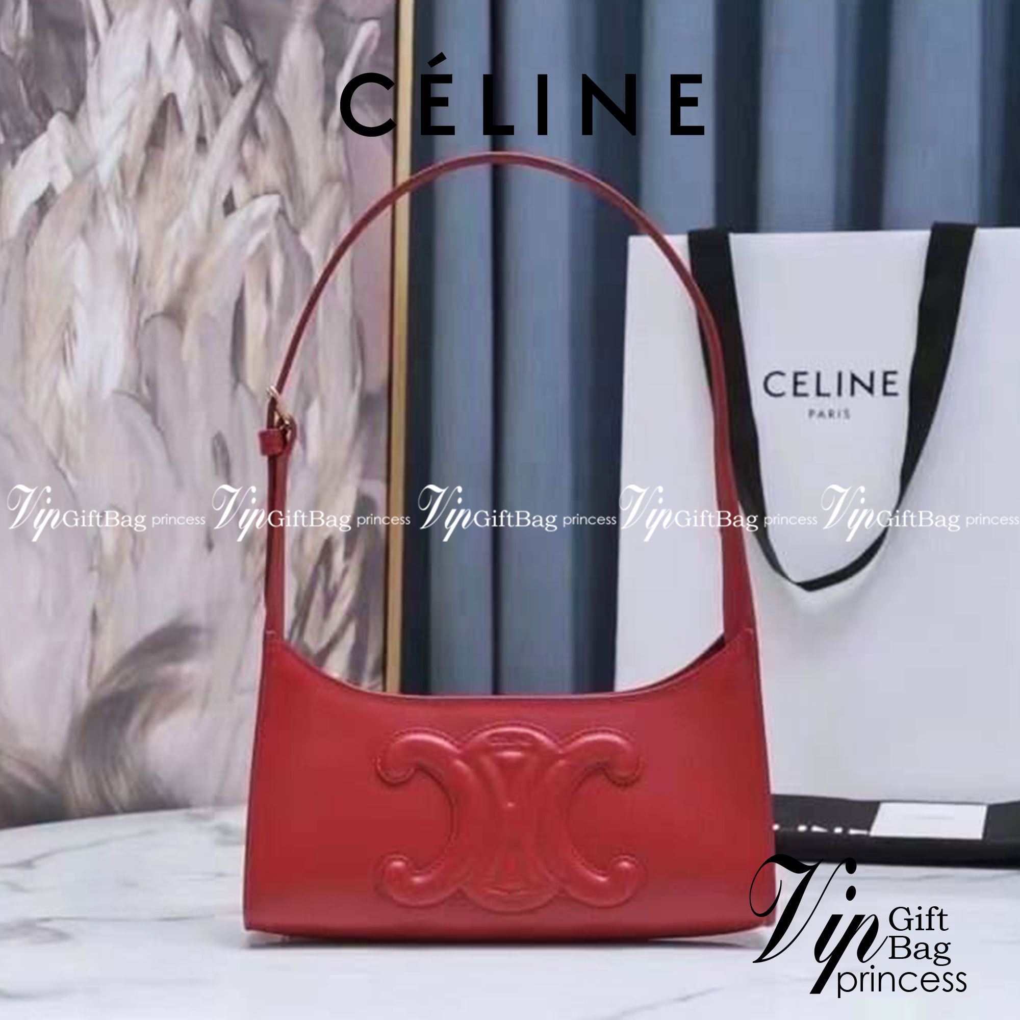 หนังแท้ CELINE SHOULDER BAG CUIR TRIOMPHE IN SMOOTH CALFSKIN ภาพสินค้าถ่ายจากงานขายจริง ใช้งานต่างประเทศได้