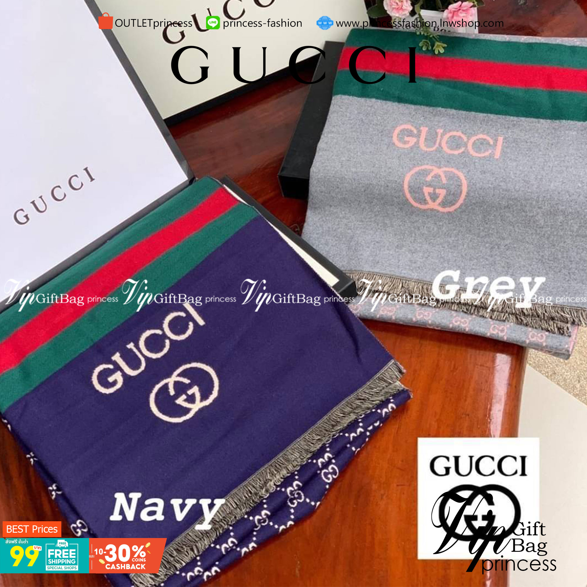 Gucci Pattern Logo Cashmere Shawl Scarf แบรนด์ดังจากประเทศอิตาลี ด้วยงานพรีเมี่ยมกิ้ฟ ส่งมอบความรู้สึกดีๆให้กับคนที่คุณรัก ในรูปแบบผ้าพันคอและผ้าคลุมไหล่ผืนใหญ่สีสันไม่ฉูดฉาด เหมาะกับชุดที่เป็นทางการหรือลำลองก็ได้ เป็นผ้าที่ให้ความอบอุ่น ถักทอด้วยผ้าcashm