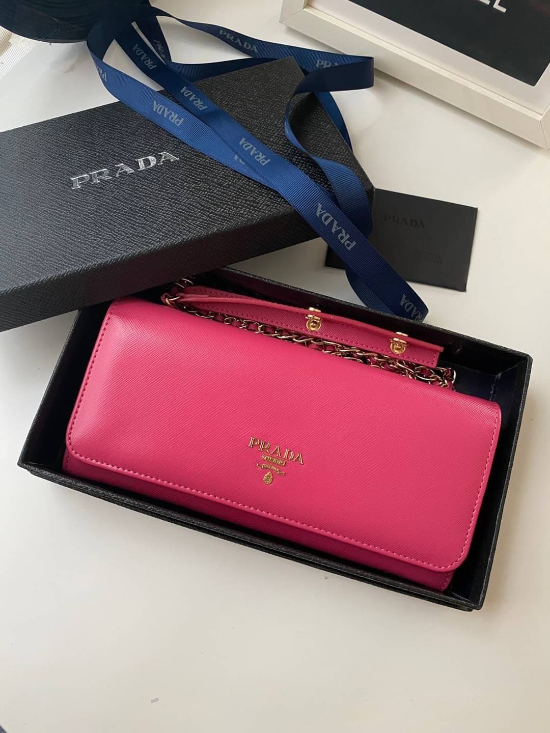 VIP หนังแท้ 】PRADA Saffiano Metal Leather Wallet on Chain Clutch Bag