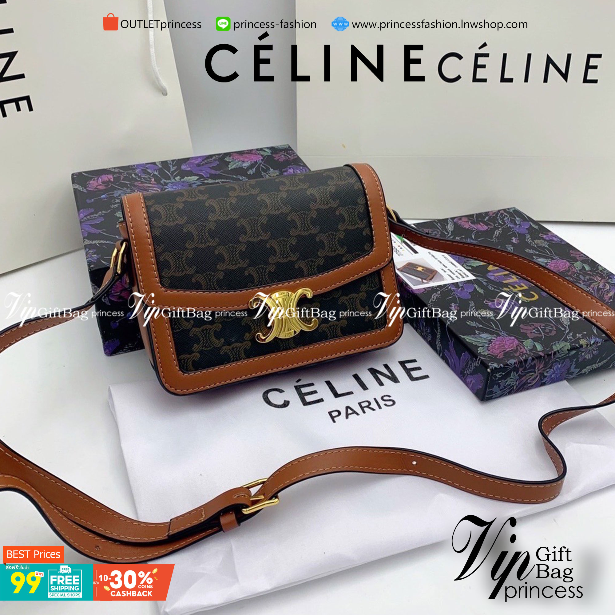 VIP 】𝗖𝗘𝗟𝗜𝗡𝗘 CROSSBODY VIP GIFT MEDIUM/TEEN TRIOMPHE BAG IN TRIOMPHE CANVAS AND CALFSKIN มี 2 ขนาด งานสวยอยู่ทรงเปิดปิดด้วยตัวล้อคด้านหน้า ภายในมีช่องใส่ของหลัก พร้อมช่องซิป ใส่กระเป๋าสตางค์กลาง + มือถือได้ ท