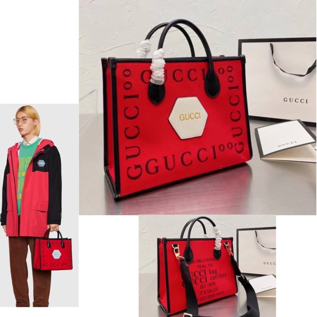 VIP 】Gucci 100 small tote bag Hibiscus red felt with Gucc100 print Black leather พร้อมส่งที่ไทย
