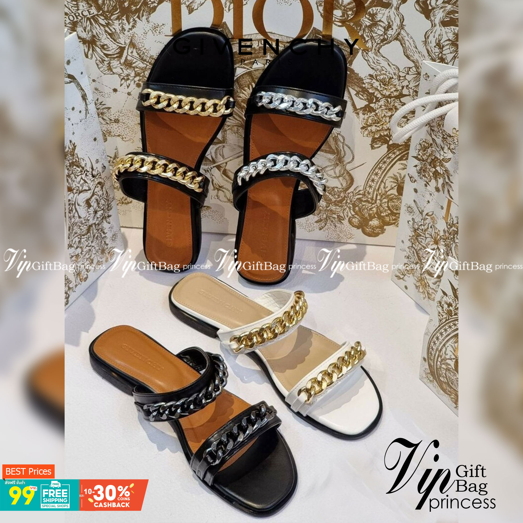 Givenchy Sandals แตะ โซ่ สวย เก๋ งานขายดีตลอดกาล แมทส์ชุดง่าย น้ำหนักเบา วัสดุหนัง PU แต่งโซ่อย่างดีอะไหล่หนา ดูแพงเกินราคาขาย น้ำหนักเบา