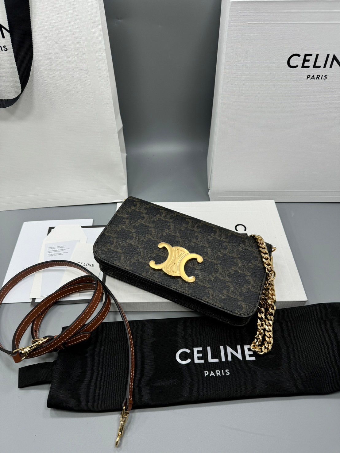 CELINE MULTIPOCHETTE IN TRIOMPHE CANVAS TAN กระเป๋าสะพายรุ่นใหม่ สวยหรูหราพร้อมสายสะพาย 2 เส้น เกรดออริ ท็อป สลับแท้ 1:1 ใช้งานต่างประเทศได้