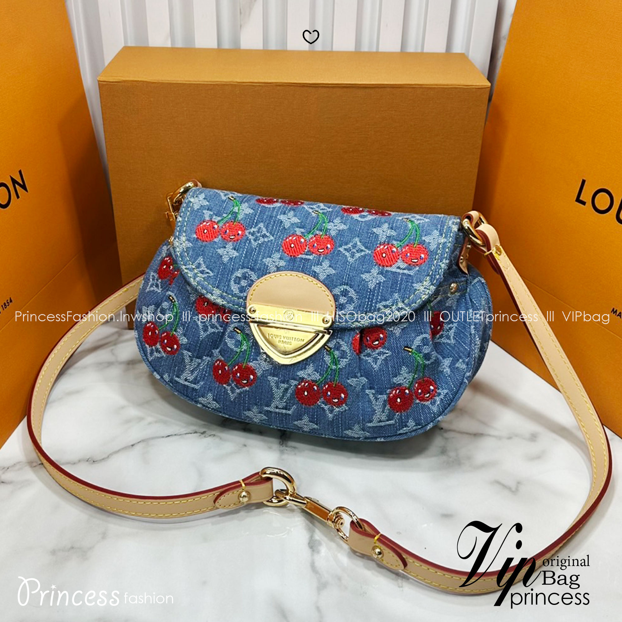 ORI หนังแท้ | LV x TM Sunset bag Monogram cherry denim กระเป๋าถือไอเท็มโดดเด่นมีชีวิตชีวา เดนิมปักลายเชอร์รี่สีสันสดใสสะดุดตาสะท้อนสไตล์ไอคอนิก