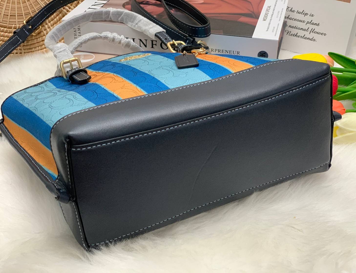 COACH C4086 MOLLIE TOTE 25 IN SIGNATURE JACQUARD WITH STRIPES แจกความสดใสด้วยลุคคัลเลอร์ฟูล กระเป๋าทรงโท้ท มินิไซส์ ตกแต่งลายเอกลักษณ์ถักทออยู่บนผ้า jacquard ตัดกับลายเส้นสีสันสวยงาม ลงตัวไม่ซ้ำใคร ภายในเป็นช่องโล่ง มีช่องซิปกลางใส่ของได้ ขนาดกำลังดีแบบใส