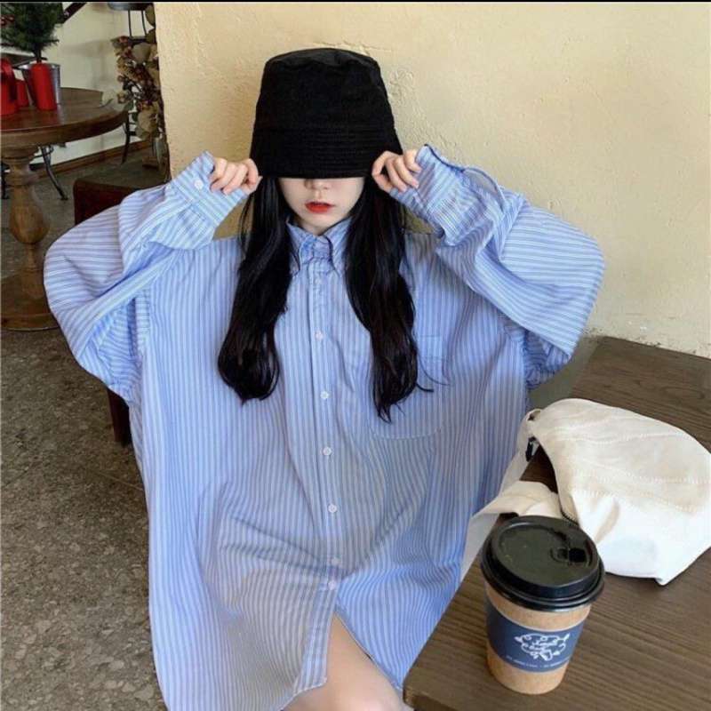 พร้อมส่ง 👙🐬 Tand shirt เชิ้ตแขนยาวทรงโอเวอร์ไซส์ลายทางสวย (IN35949)